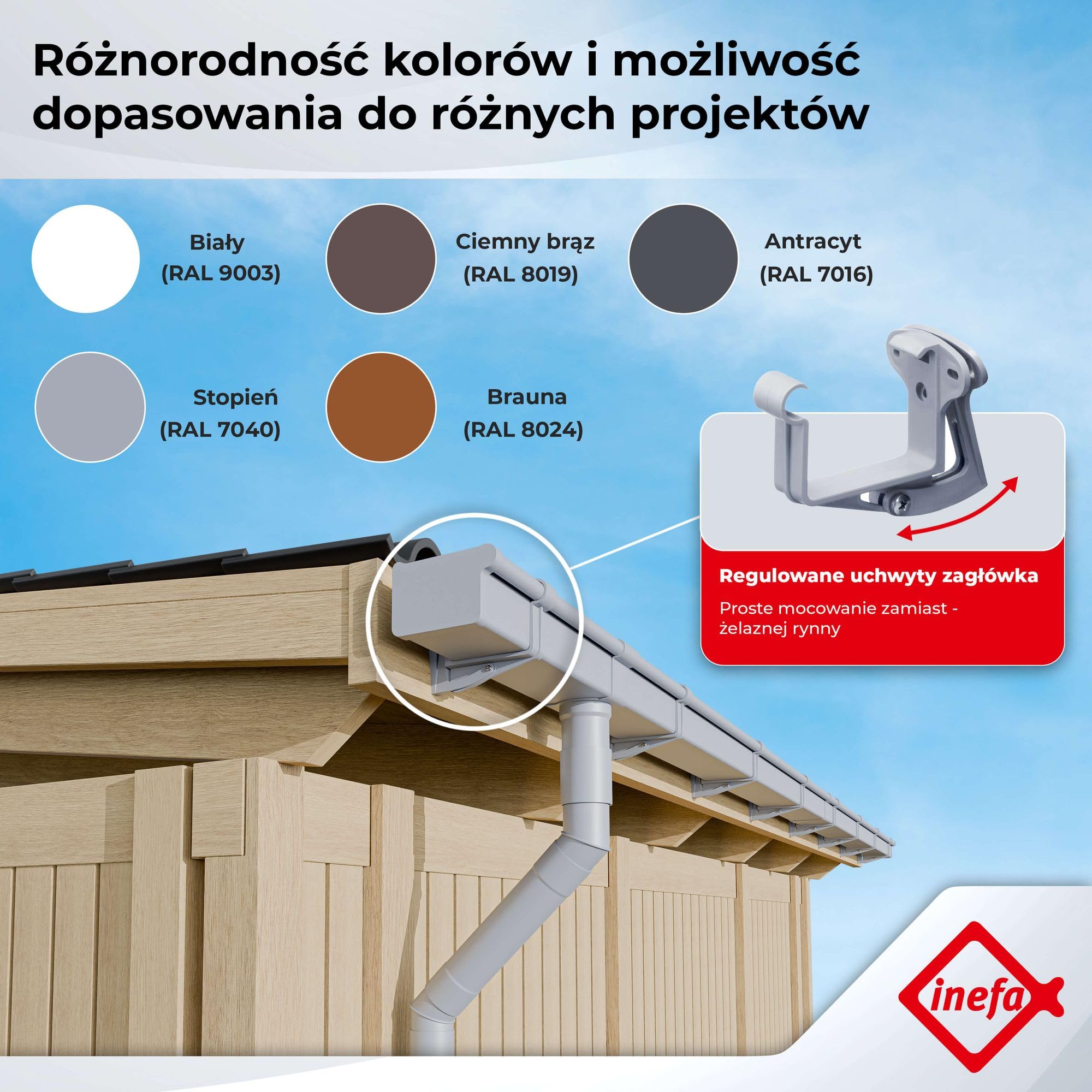 INEFA zestaw rynnowy z tworzywa NW68 / 68 mm – rynna skrzynkowa 5 m brązowa – rynna z zestawem rury spustowej PVC-U do domku ogrodowego