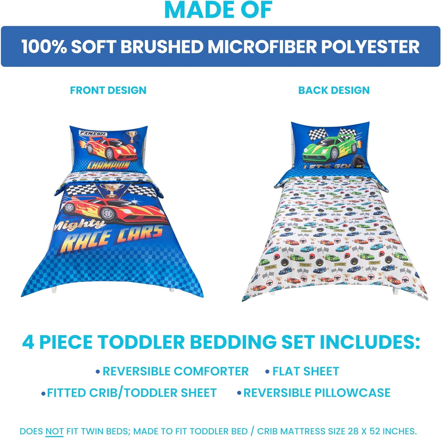 Todays Kids 4-Piece Race Cars Toddler Bedding Set for Boys - Toddler Bed Sheets and Comforter Set with Reversible Comforter & Pillowcase, Flat Sheet, Fitted Sheet, Breathable & Super Soft Microfiber