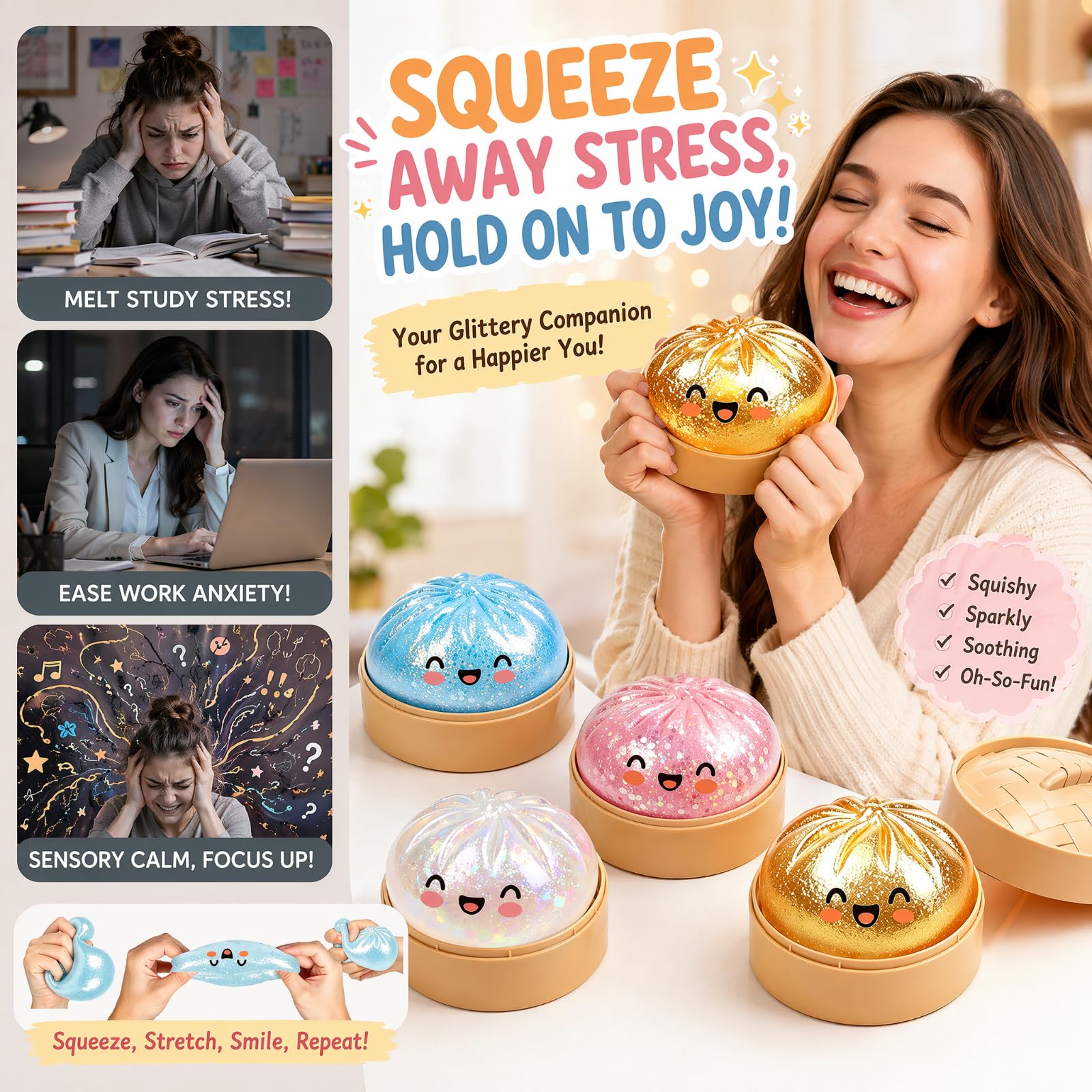 Glitter Squishy Bao Dumpling, 4Pcs Mystery Dumplings Squishies Fidget Toys - Image 4
