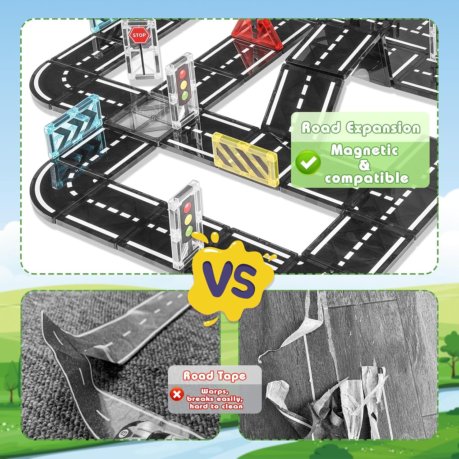 Magnetic Tiles Road Expansion Pack 48 PCS, Magnet Road Tiles for Kids Ages 3-5 4-8 5-7, Expansion Magnetic Building Blocks Educational STEM Creativity Toys 3+ Year Old Boys & Girls Toddlers Kids Gifts