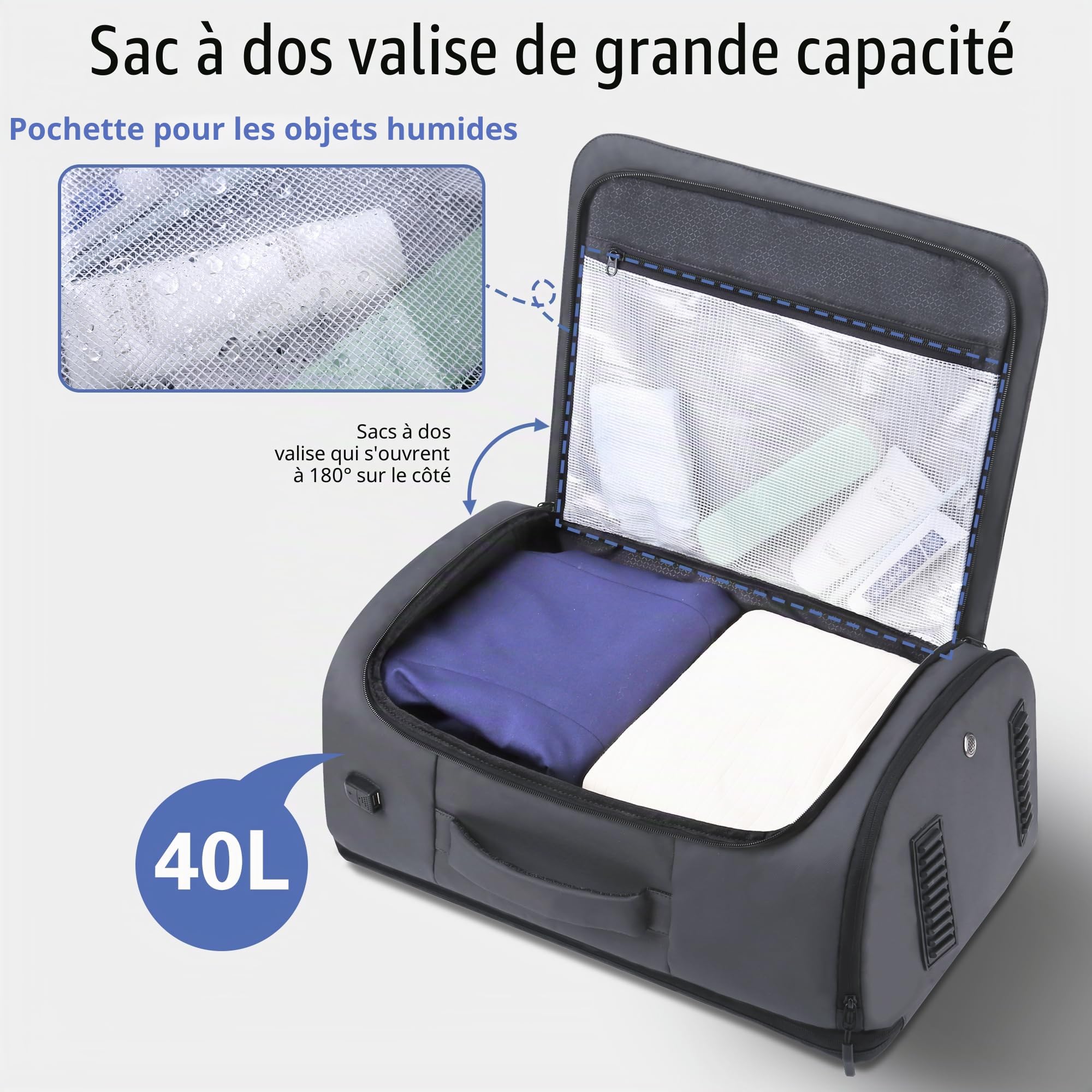 HOMIEE Sac à Dos de Voyage 40L, Sac à Dos Résistant à L'Eau pour Ordinateur Portable 15,6-17,3", Sac à Dos Cabine Bagages à Main, Sac à Dos de Voyage Avec Compartiment à Chaussures