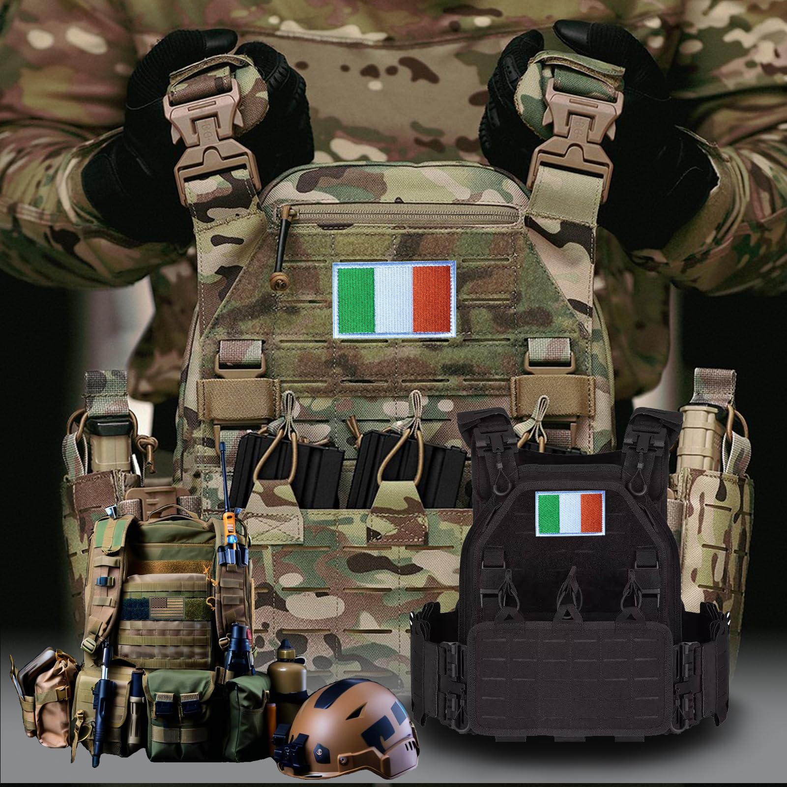 2 parches bordados de la bandera de Irlanda con | Parche militar táctico, accesorio táctico versátil, cierre de apliques, 3 x 2 pulgadas