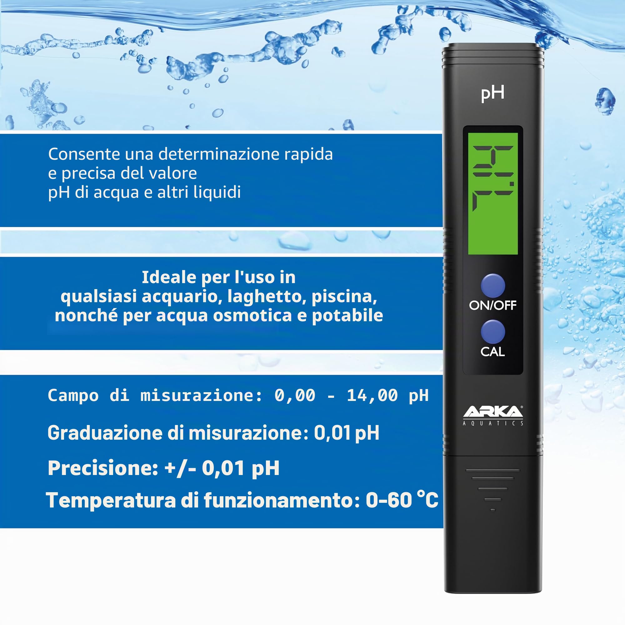 ARKA myAQUA® PH/TDS/EC - Misuratore | Misura PH, TDS, EC e Temperatura dell'Acqua | con Soluzione di calibrazione e Polvere di calibrazione | Ideale per Acquario, Piscina, laghetto e Acqua Potabile