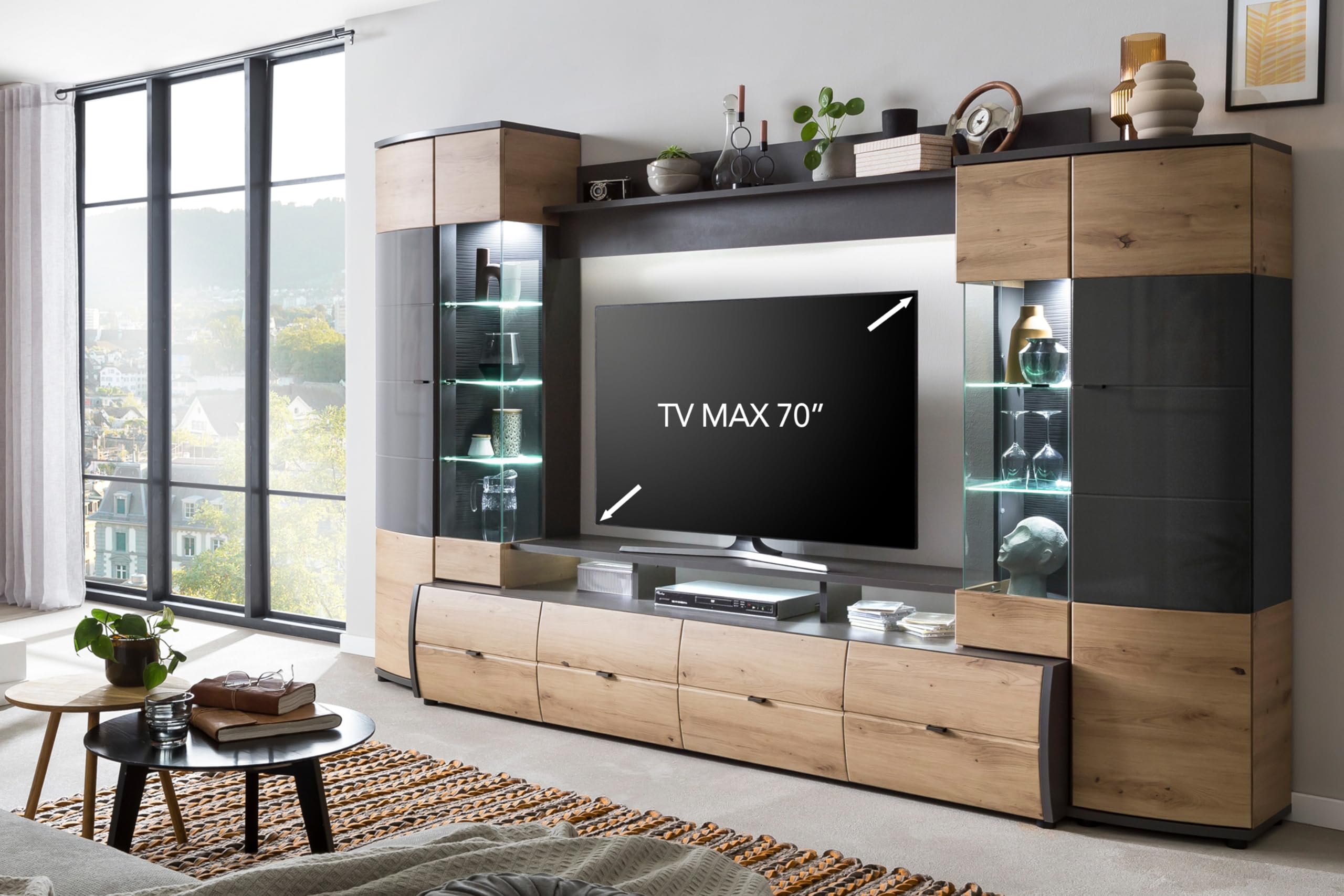 Florina VA Wohnkombination Set 4-Teilig - Modern - Front: MDF Hochglanz - Farbe: Braun/Grau - TV Wand - B/H/T: 302,2 x 193,3 x 53,2