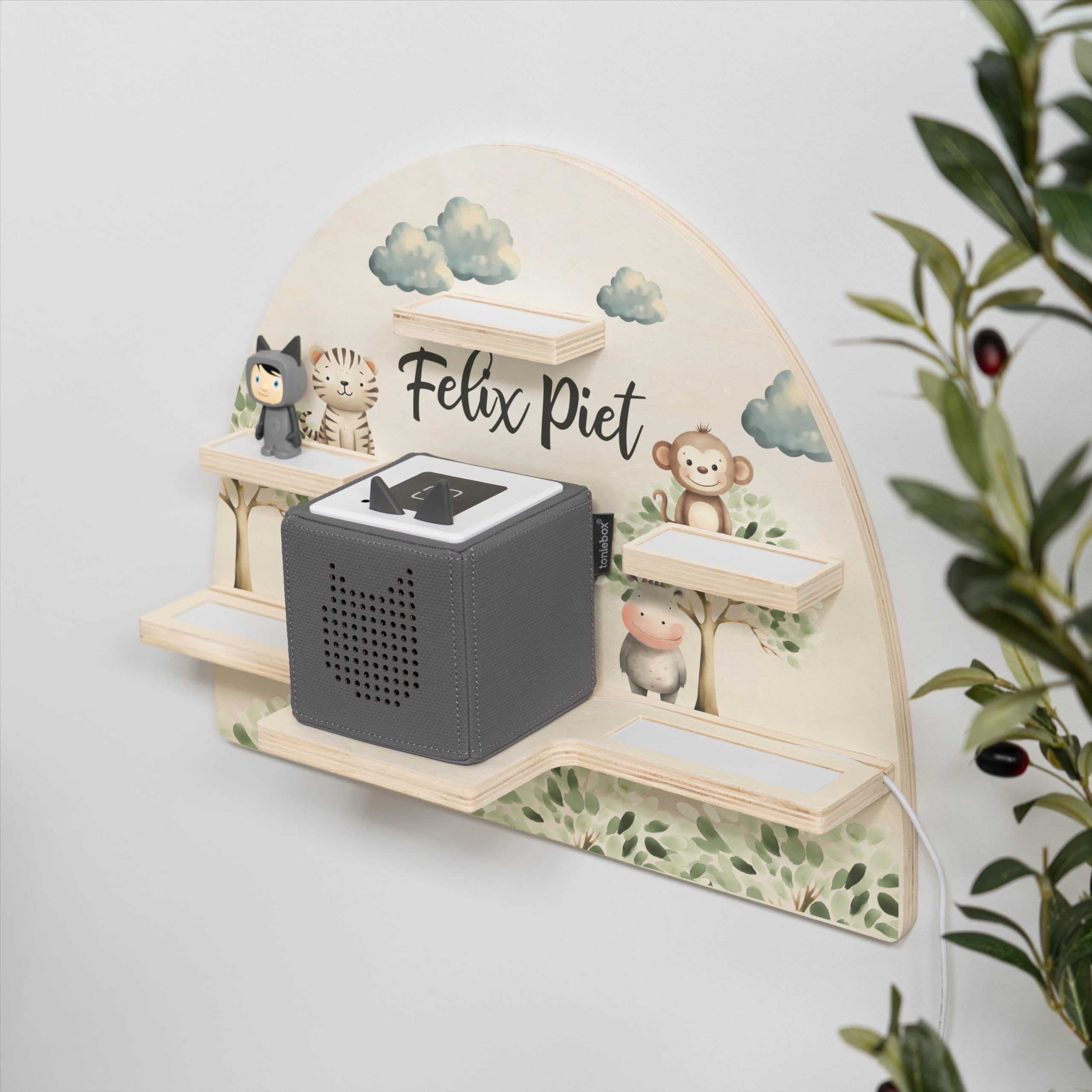 Geschenkfreude Personalisiertes Toniebox Regal für Kinderzimmer - Kinder Wandregal für Tonie Hörfiguren - Magnetisches Tonie Wandregal zur aufbewahrung von Tonieboxen und Figuren - Safari