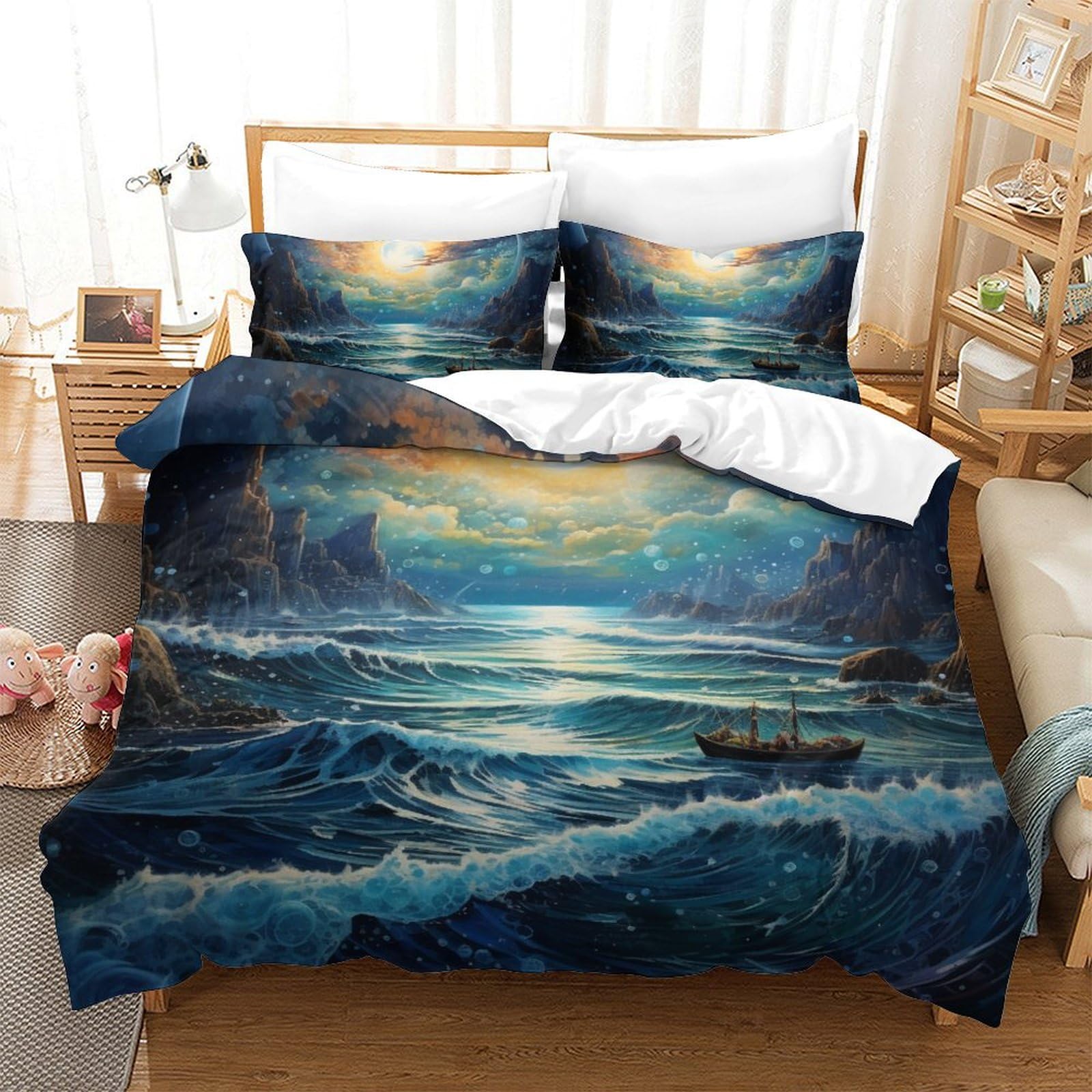 Housse de couette microfibre anti-plis 220x240cm imprimé 3D marées respirante