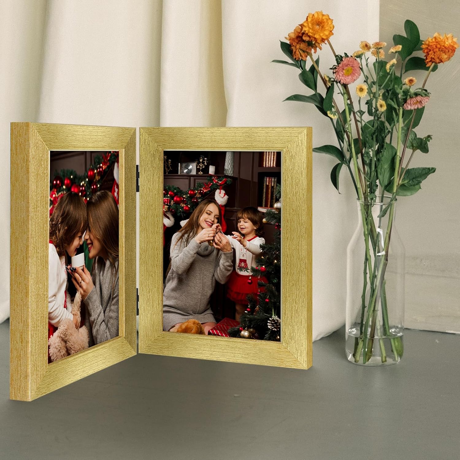Frametory, 5x7 Double Hinged Picture Frame with Glass Front, Engineered Wood Two Photo Frame Collage for Vertical Display, Side by Side Standing Frame (Gold, 2 Pack)