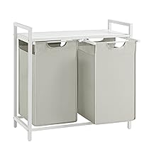 VASAGLE Cesto Portabiancheria, Porta Biancheria, 2 Sacchi in Tessuto Rimovibili, Piano d’Appoggio, Metallo, 2 x 46 L, 73 x 33 x 72 cm, Bianco Crema e Bianco Opaco BLH201W01