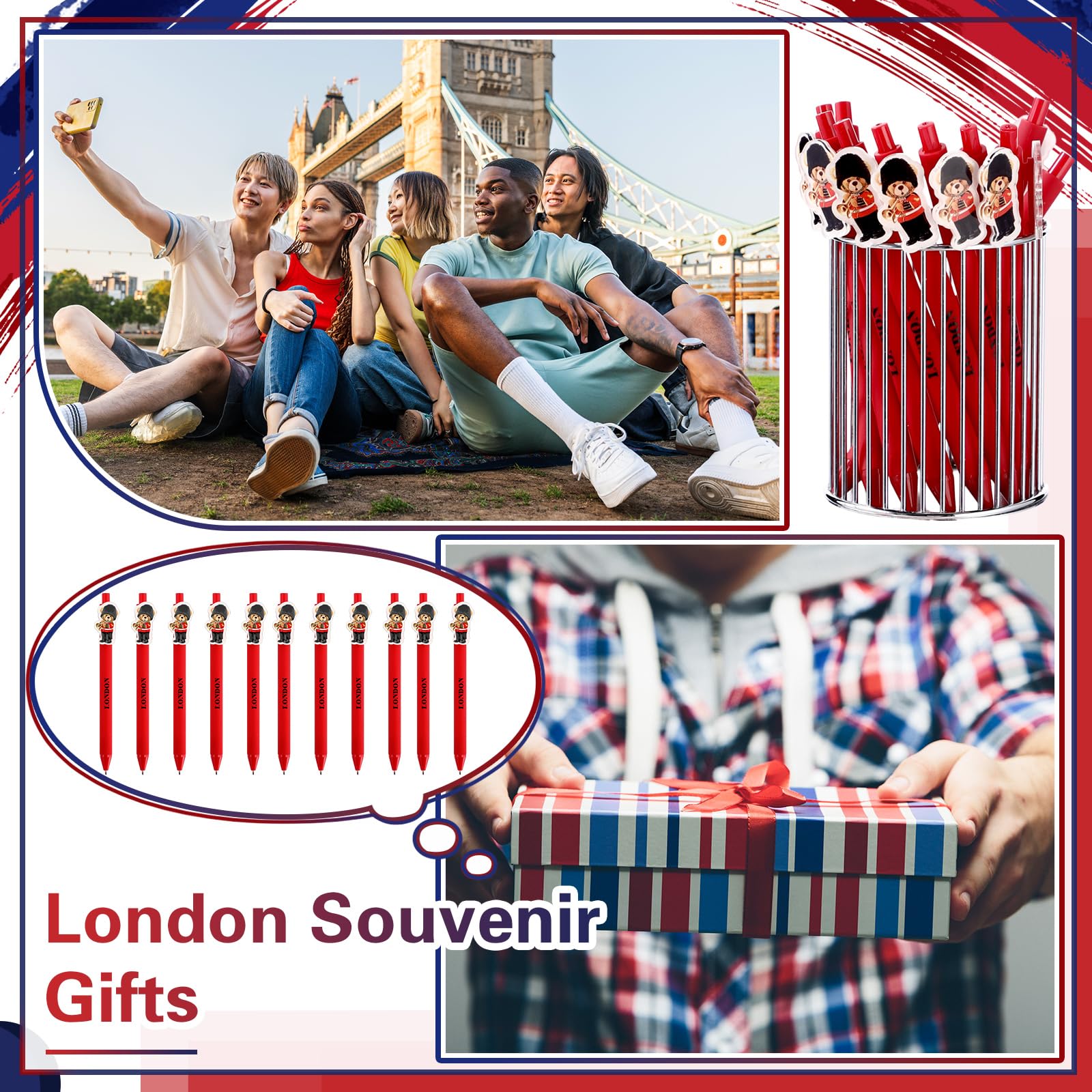 Sayglossy 10 Pcs London Souvenirs Gift Pens British Gifts Bulk London Ballpoint Pens with Guardsman Bear Clip Retractable Black Ink UK Souvenirs for Office Classroom Supplies
