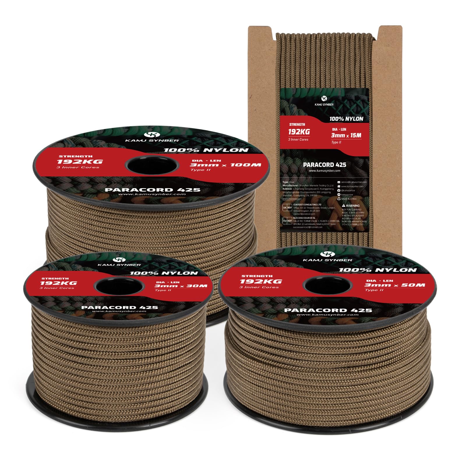Kamu Synber 425 Paracord 3mm x 100m 100% Nylon Rope 3 Strands Parachute Cord Type II for Outdoor, Crafting, DIY | Support 192kg | Mud Brown