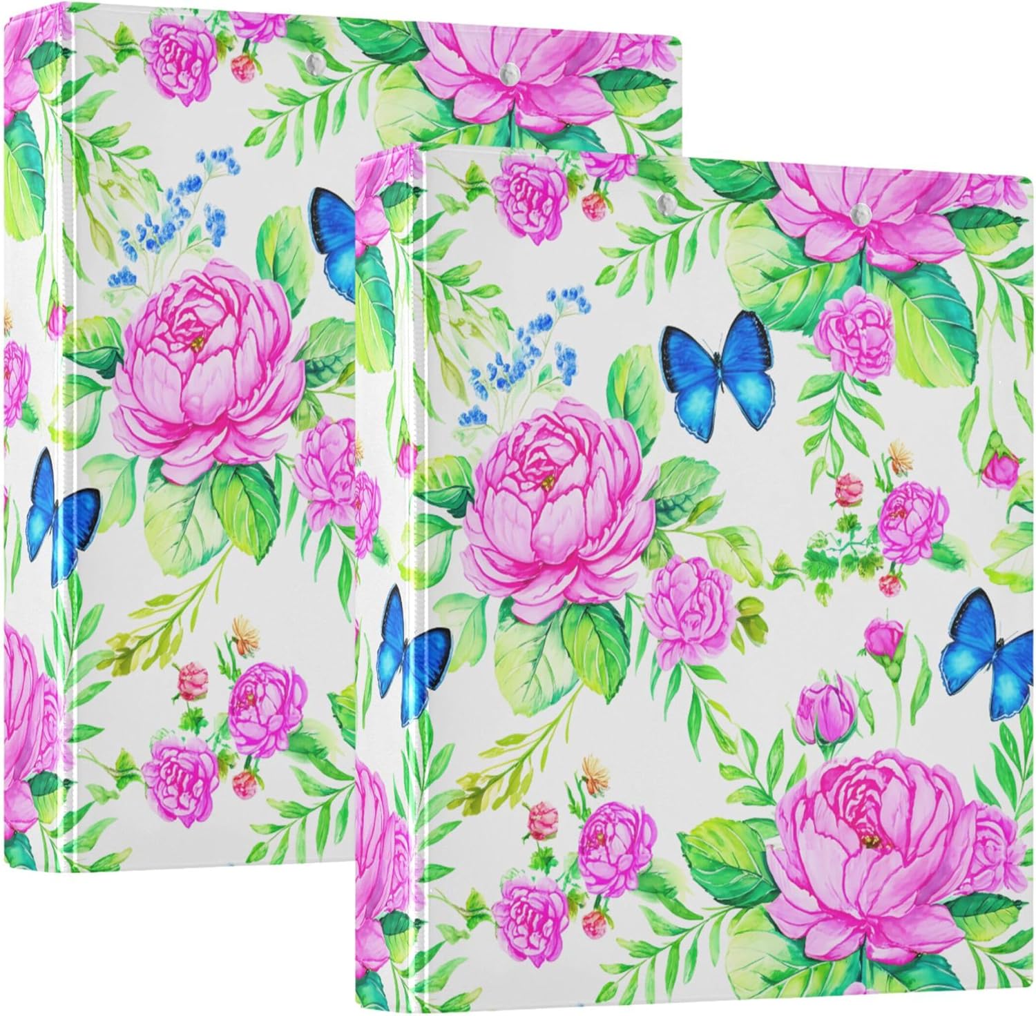 Pink Flowers and Butterflies 3 Ring Binders, 1.5” Round Ring Binders with Clipboard - Letter Size, 3 Interior PVC Clear Pockets & Anti-Slip Clip for Office School Supplies, 2PCS