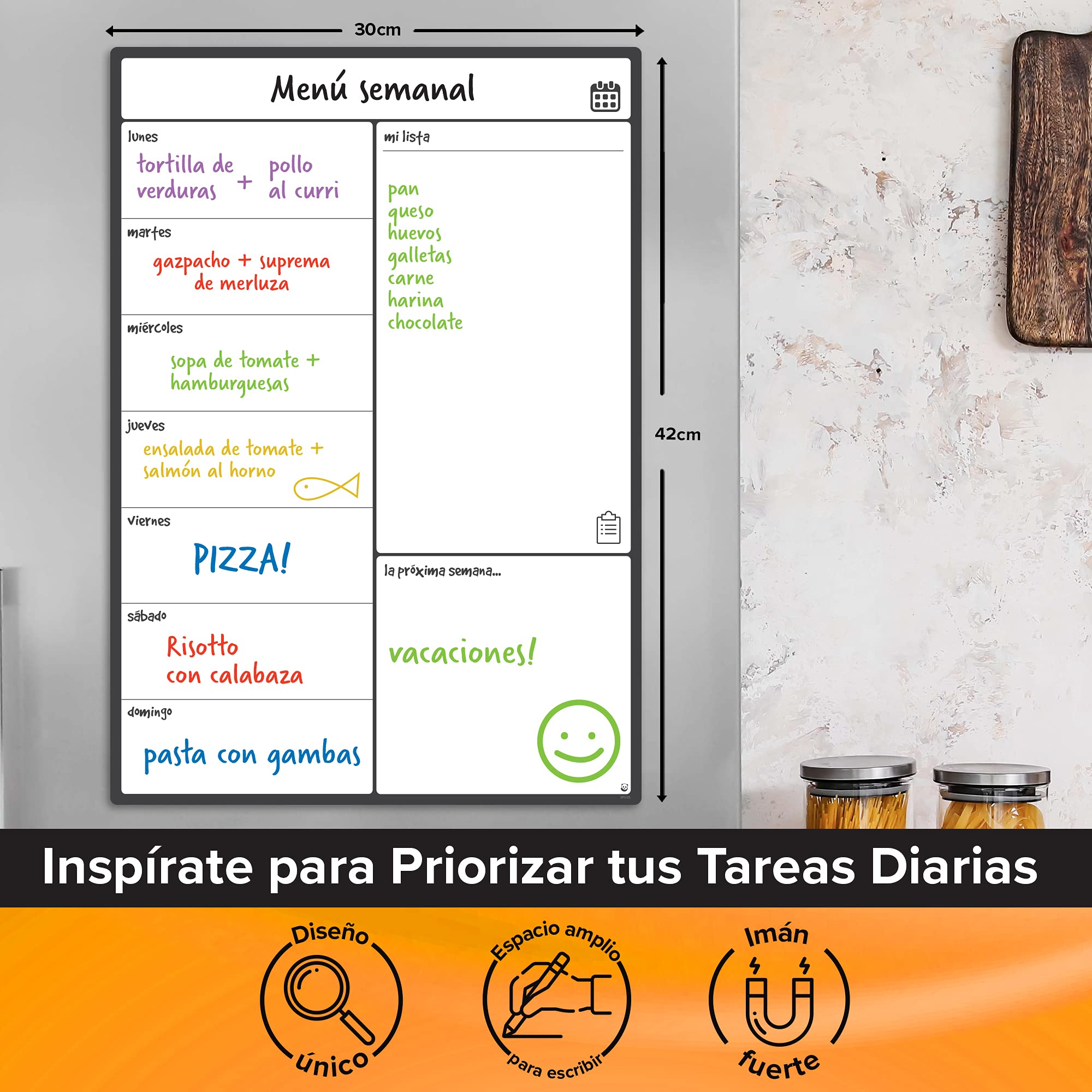 Smart Panda Tablica magnetyczna na lodówkę A3 – tygodniowy planer menu, lista zakupów, przypomnienia - biały kalendarz z 4 markerami – w języku hiszpańskim