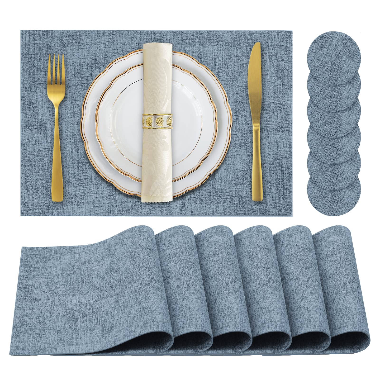 Faux Leather Placemats Set of 6,Heat Resistant Placemats for Dining Table, Easy Clean Non-Slip Place Mats, Waterproof Stain Resistant Wipeable Washable PU Table Mats, (Blue)