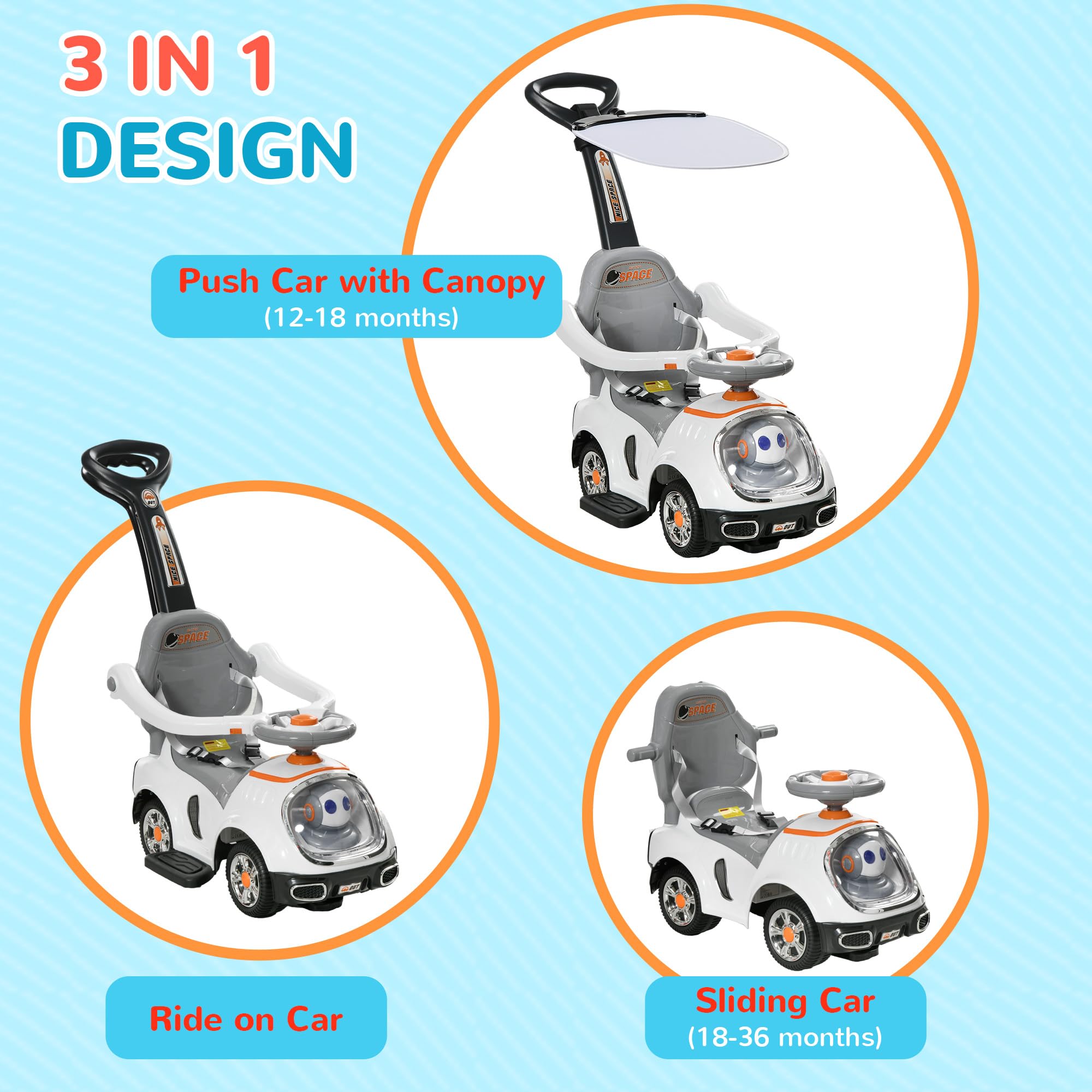 AIYAPLAY 3 in 1 Ride on Push Car, Cartoon Robot Theme Foot to Floor Slider, Baby Push Along Car with Parent Handle - Image 3