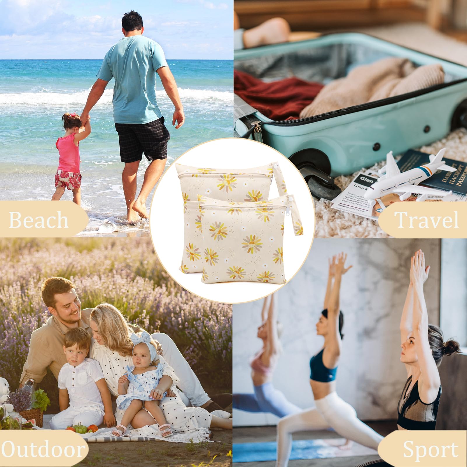 Sac Couches Lavables, Sac à Couche, 3 Pcs Réutilisable Wetbag, Sachet Etanche Organisateur de Couche Accrochable, Sac Fourre Tout pour Bébé, Sac à Langer de Voyage Plage Piscine (Fleur Jaune)