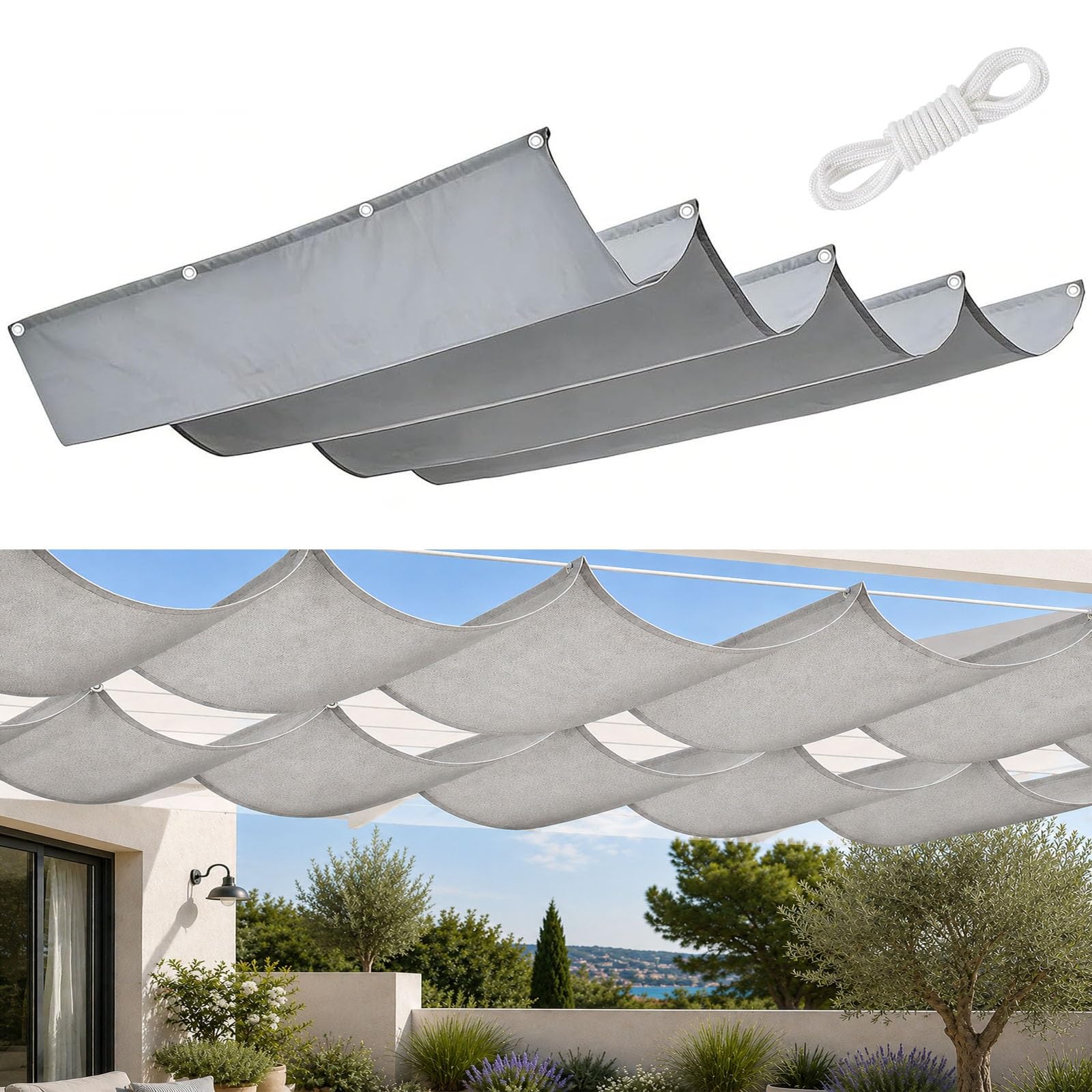 Voile d'ombrage rétractable haut de gamme vagues 210x625cm gris clair