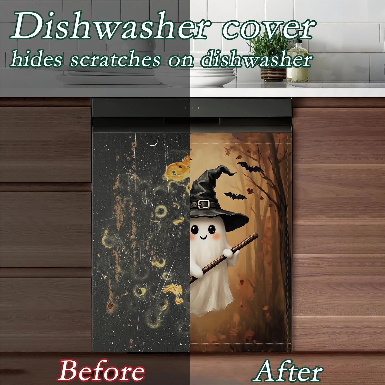 Cute Ghost Refrigerator Magnet Cover,Halloween Forest Bats Washable Dishwasher Magnets Decorative Cover,Home Kitchen Decorative Dishwasher Front Panel Cover 23x26 Inch image 5