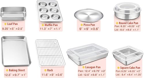 Miniatura 9 de TeamFar Utensilios para hornear, Juegos de utensilios para hornear de acero inoxidable con tapas, Bandeja para hornear con estante, Bandeja para