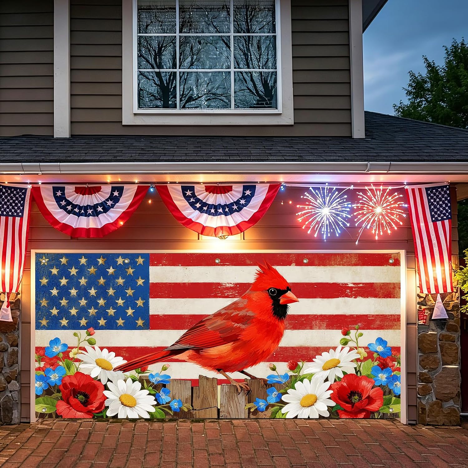 IVN 4th of July Garage Door Cover 13x6ft American Cardinal Bird Wildflowers Patriotic Memorial Day Independence Day Garage Door Banner Outdoor USA Holiday Decor Photo Background
