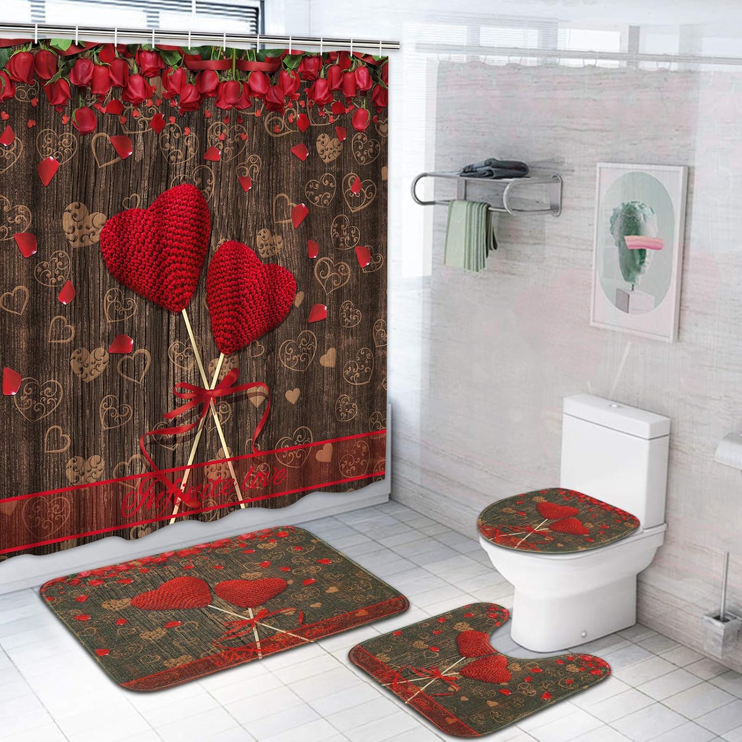 Claswcalor 4 Pcs Valentine’s Day Shower Curtain Set with