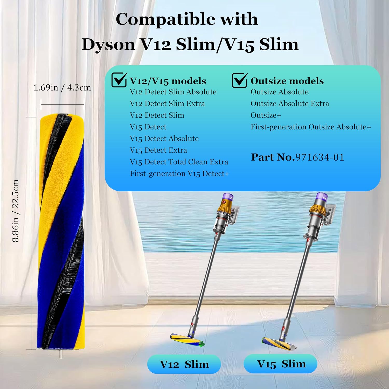 V12 V15 Brush Roller Replacement Fit for Dyson V12 V15 Detect Slim Handheld Vacuum Cleaner,1 Roller & 1 Brush,Part No.971634-01