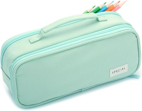 Large Big Capacity Aesthetic Preppy Cute Special Pencil Case Organizer Pouch Bag with Handle & 3 Zipper Compartments for Girls Boys Women Adults Green