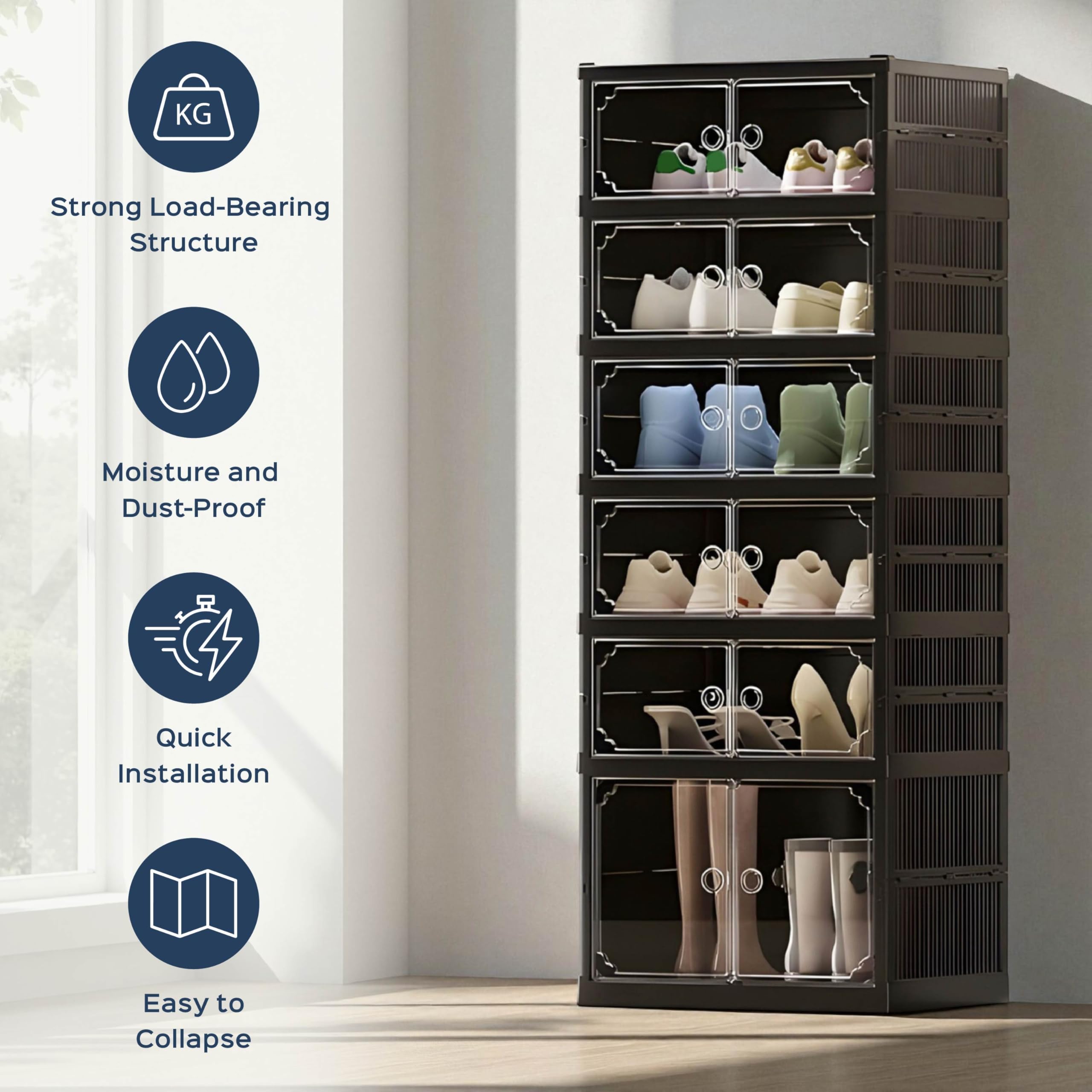 HomeStrap Shoe Stack Foldable Shoe Organizer with Wheels | Fits 12 Pairs | 6-Slot Shoe Rack with Clear Magnetic Doors | Dust & Moisture-Proof Multipurpose Storage for Entryways, Bedrooms (Black) 2