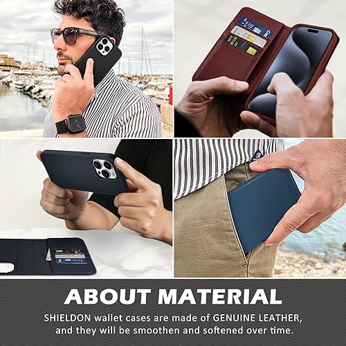 Miniatura 9 de SHIELDON Funda para iPhone 15 Pro 5G, cuero genuino desmontable 2 en 1, cartera con función atril y bloqueo RFID, soporte para tarjetas, magnético,
