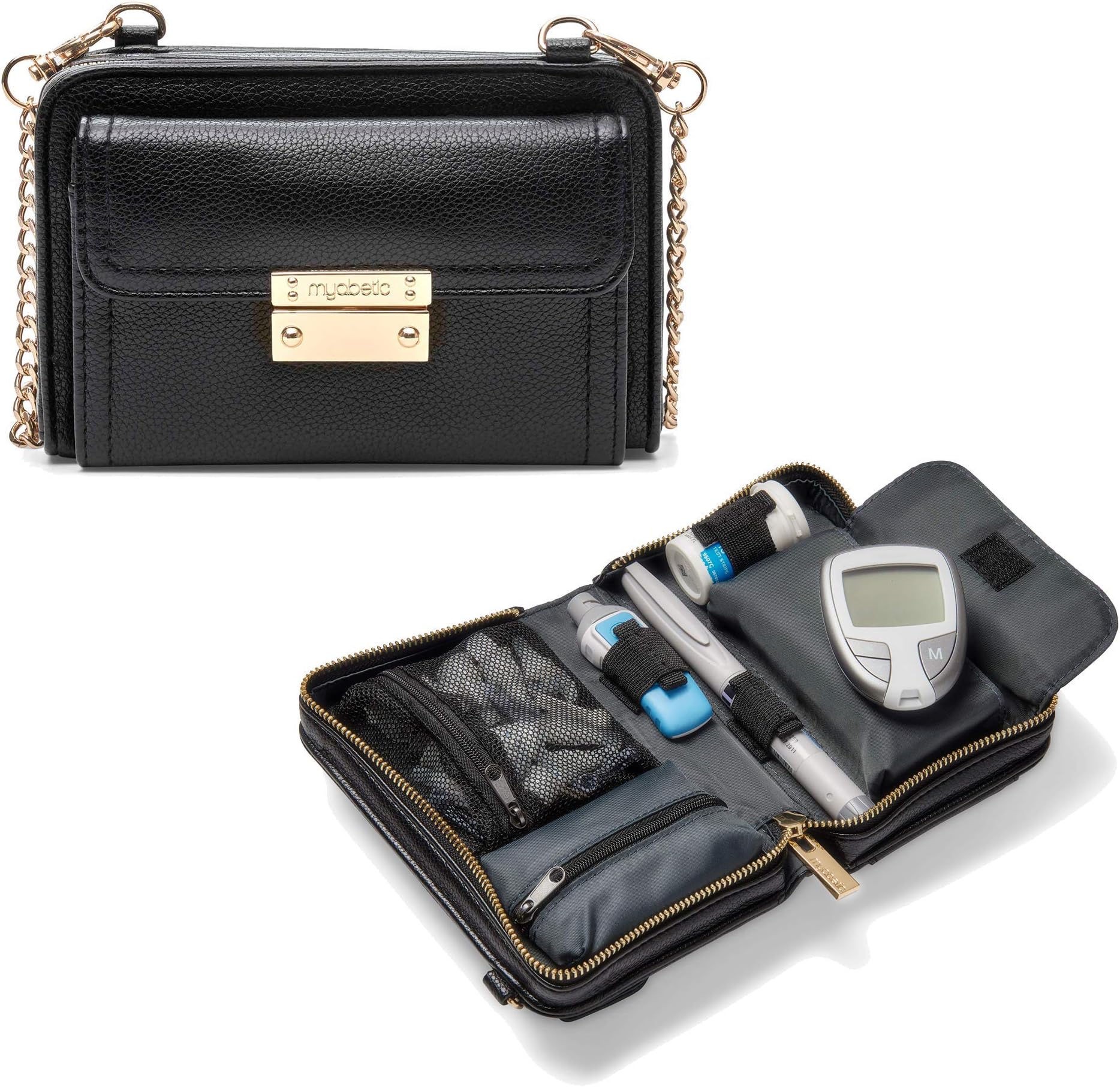 Myabetic Tina Diabetes Mini Crossbody for Glucose Meter, Test Strips, Insulin Pen or Vial, Keys, Credit Cards (Black)