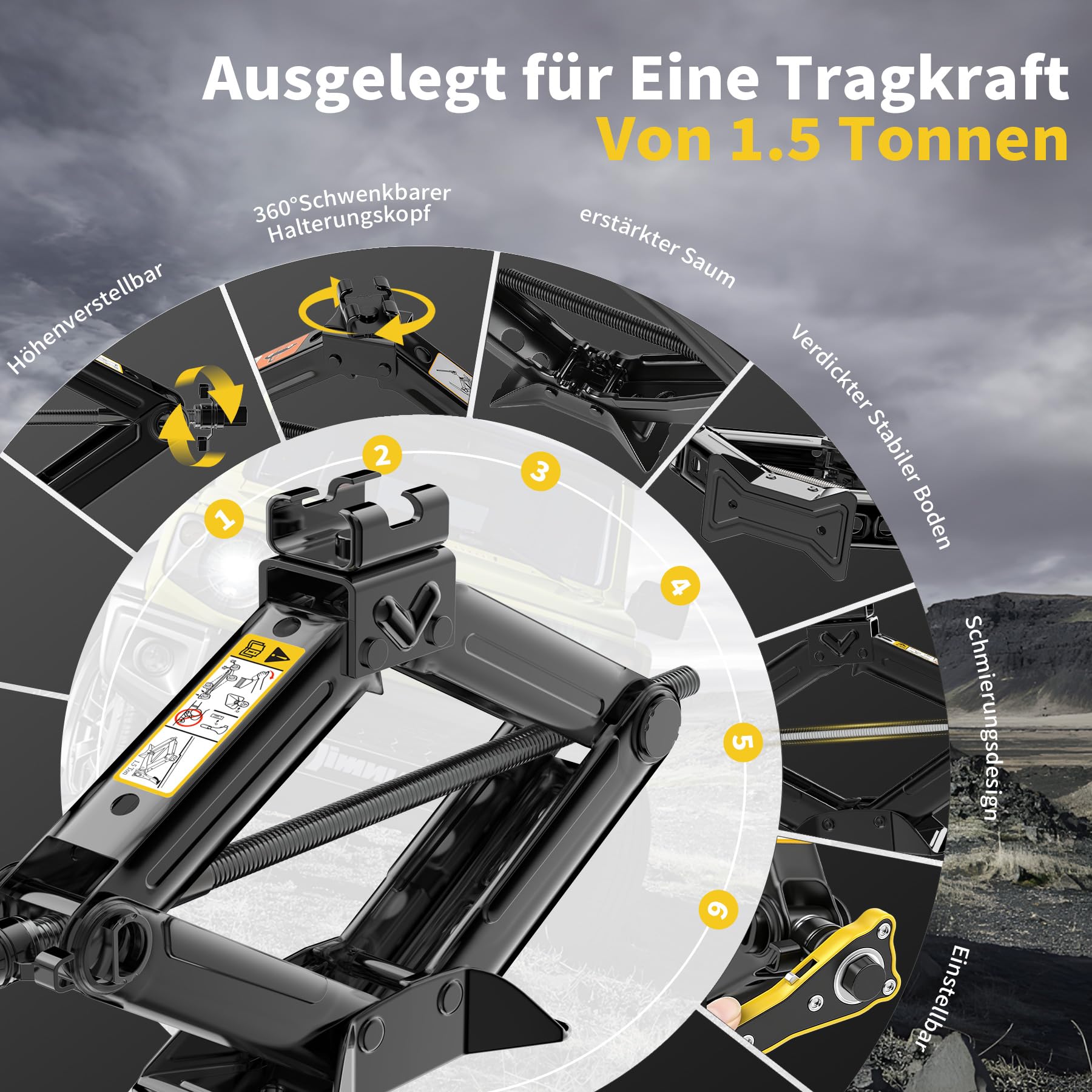Scherenwagenheber für Autos 1.5T, Komplettset mit Ratschenschlüssel und Teleskophebel für Reifen, Wagenheber 1500kg für den Notfall Reifenwechsel Tragbar für Auto Limousinen Lieferwagen SUV