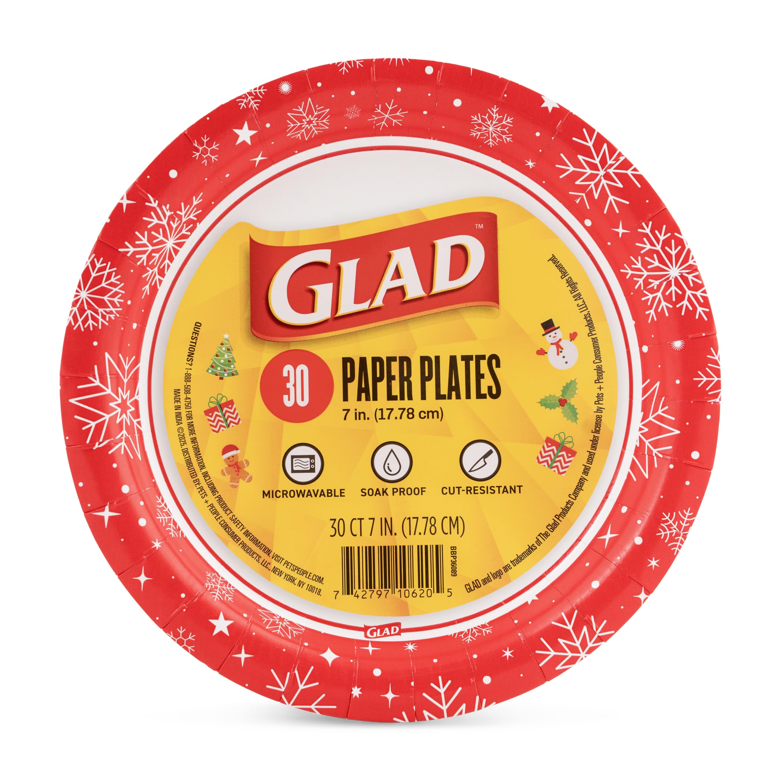 Glad Everyday Einweg-Pappteller mit rotem Schneeflocken-Design, robuste Pappteller, mikrowellengeeigneter Teller für den täglichen Gebrauch, 17,8 cm, 30 Stück, 12 Stück