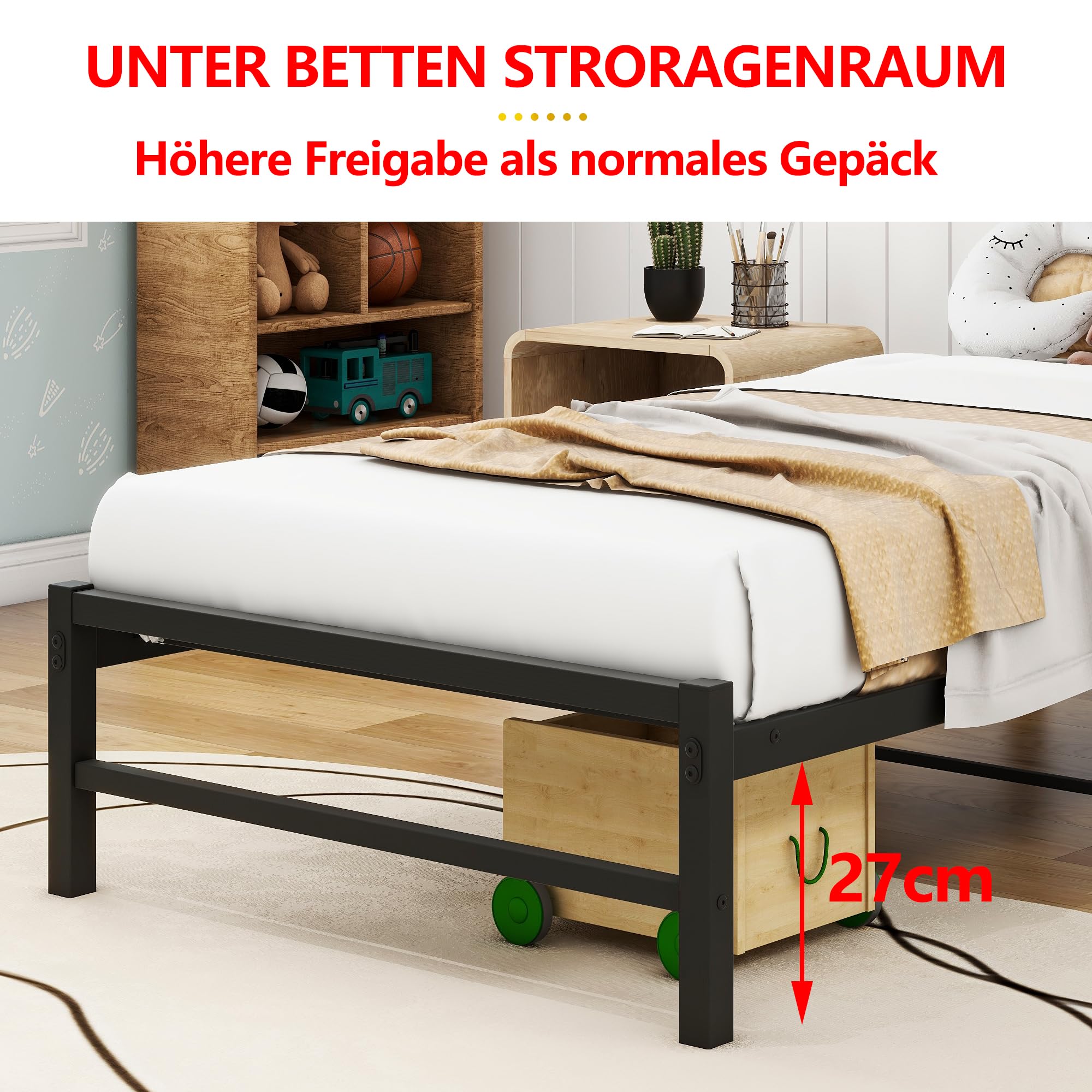 Metallbett 90x200 Bettgestell mit Holz-Kopfteil | Plattform-Bettgestell | Starke Lattenrost-Matratzenbasis | einfache Montage