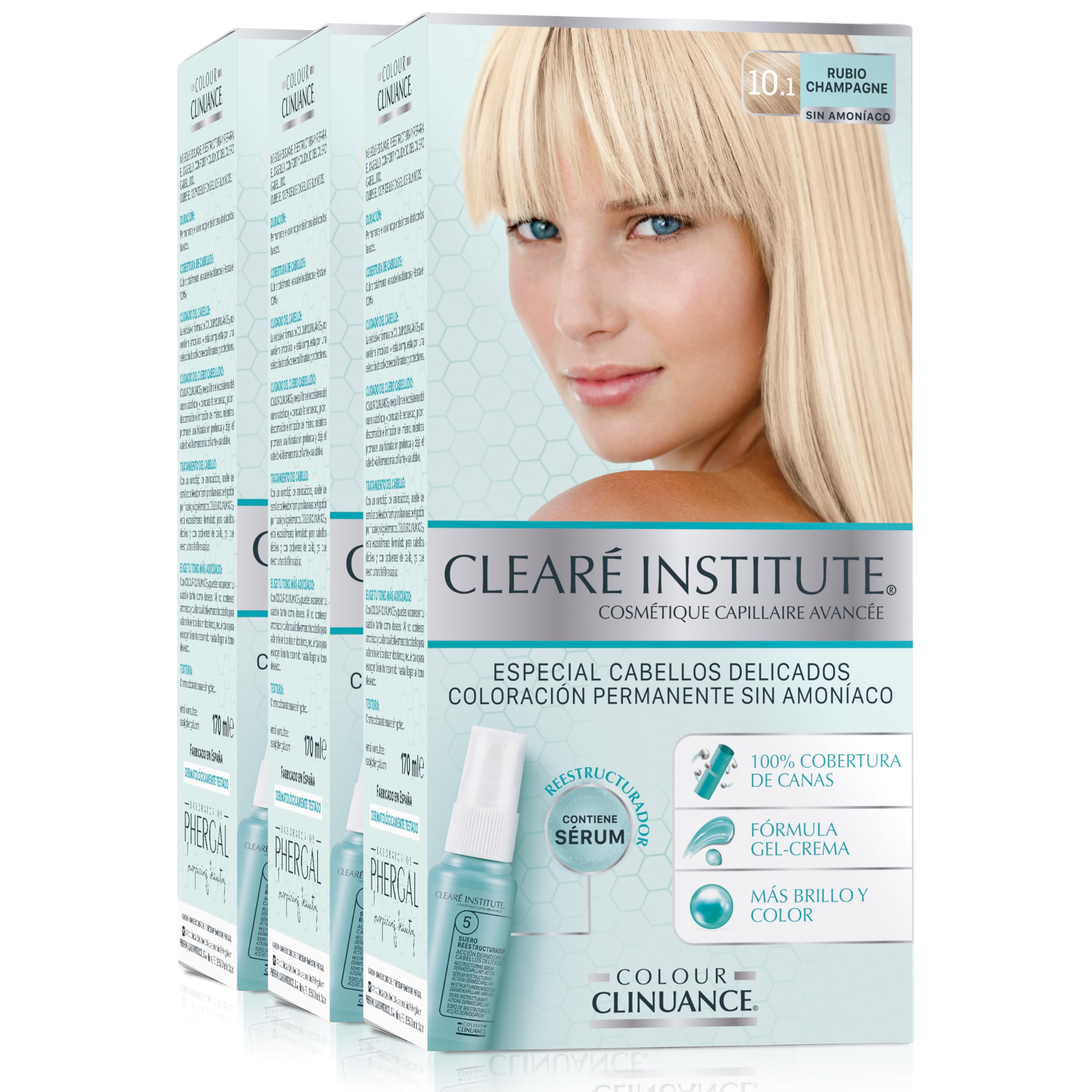 Clearé Institute | Colour Clinuance | Coloración Capilar Permanente Sin Amoniaco | Tinte de Pelo 100% Cobertura de Canas, Incluye Sérum Capilar | Método Curly |10.1 Rubio Champagne | Pack de 3