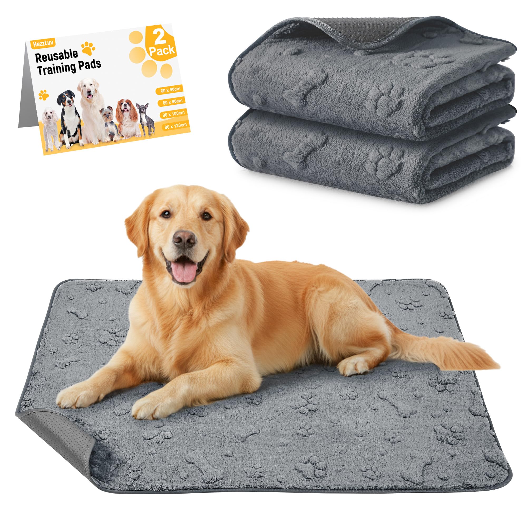 HezzLuv Washable Puppy Pads 2-Pack, Reusable Super Absorbent Dog Pee Pads, Waterproof Non-Slip Training & Whelping Mats with Paw/Bone Pattern for Crate, Playpen, Floor, Sofa & Car - 80×90cm