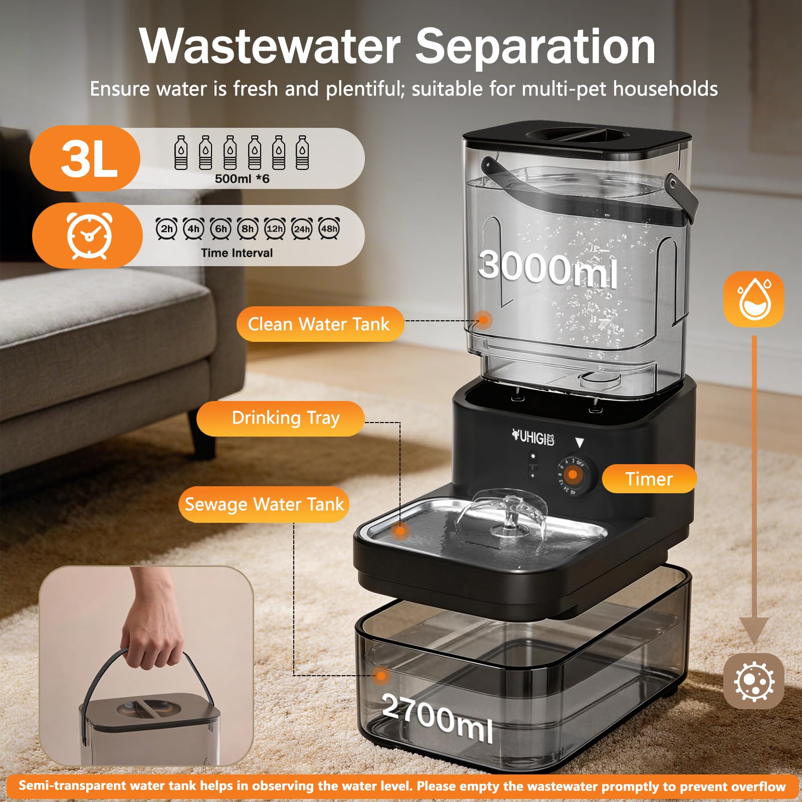 Fuente de agua inalámbrica para gatos, separación de aguas residuales, bomba sin filtro, dispensador automático de agua para gatos, ultra silencioso, de acero inoxidable, con sensor de radar, fuente