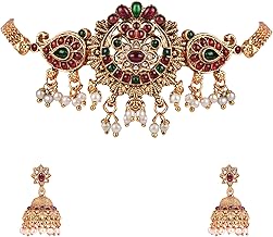 AEVY Traditional Gold-Plated Kundan Choker Set for Women – Ruby & Emerald Stone Bridal Necklace with Pearl Jhumka Earrings, Antique Finish