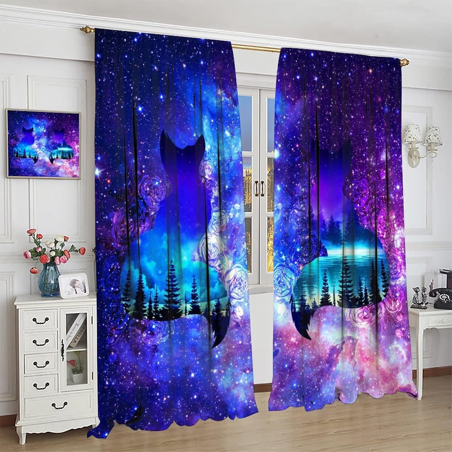 Cute Cartoon Fox Forest Silhouette Rod Pocket Blackout Curtains for Living Room,Thermal Insulated Fantasy Galaxy Cool Animals Fox Window Treatment,2 Panels 84L x 42W