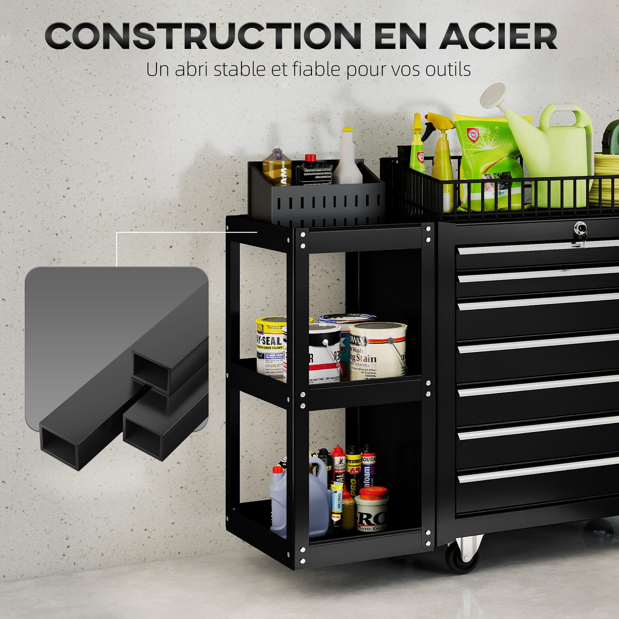 HOMCOM Servante d'Atelier en Acier à 7 Tiroirs Verrouillable 2 Clés Noir