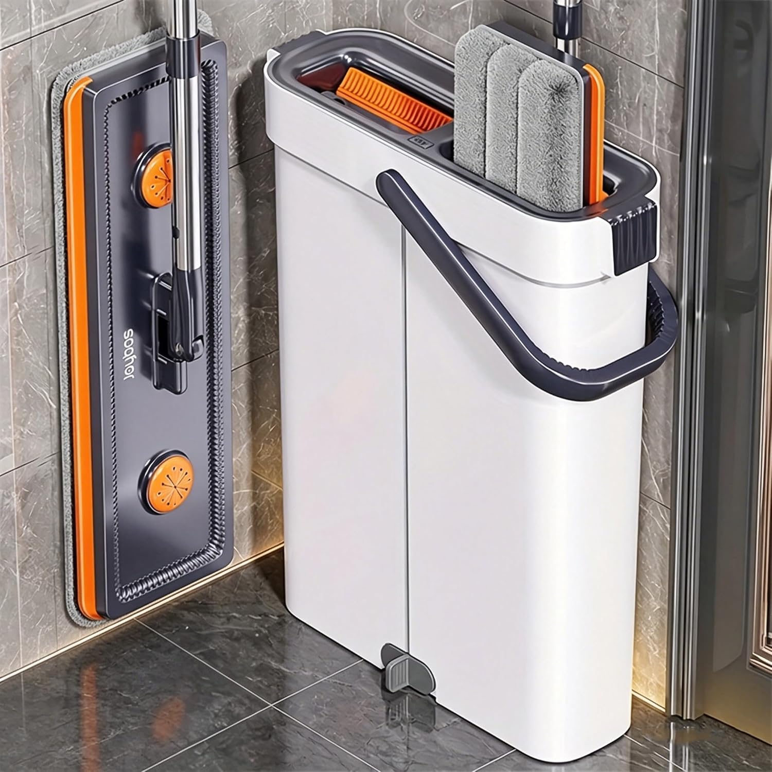 Flat Mop and Bucket with Set, Hands-Free Wringing Bucket Rotatable Mop Head, Microfibre Mop Head Replacement, Wet & Dry Separate Dirty Water, Safe On All Floor Types, Floor Cleaning System.
