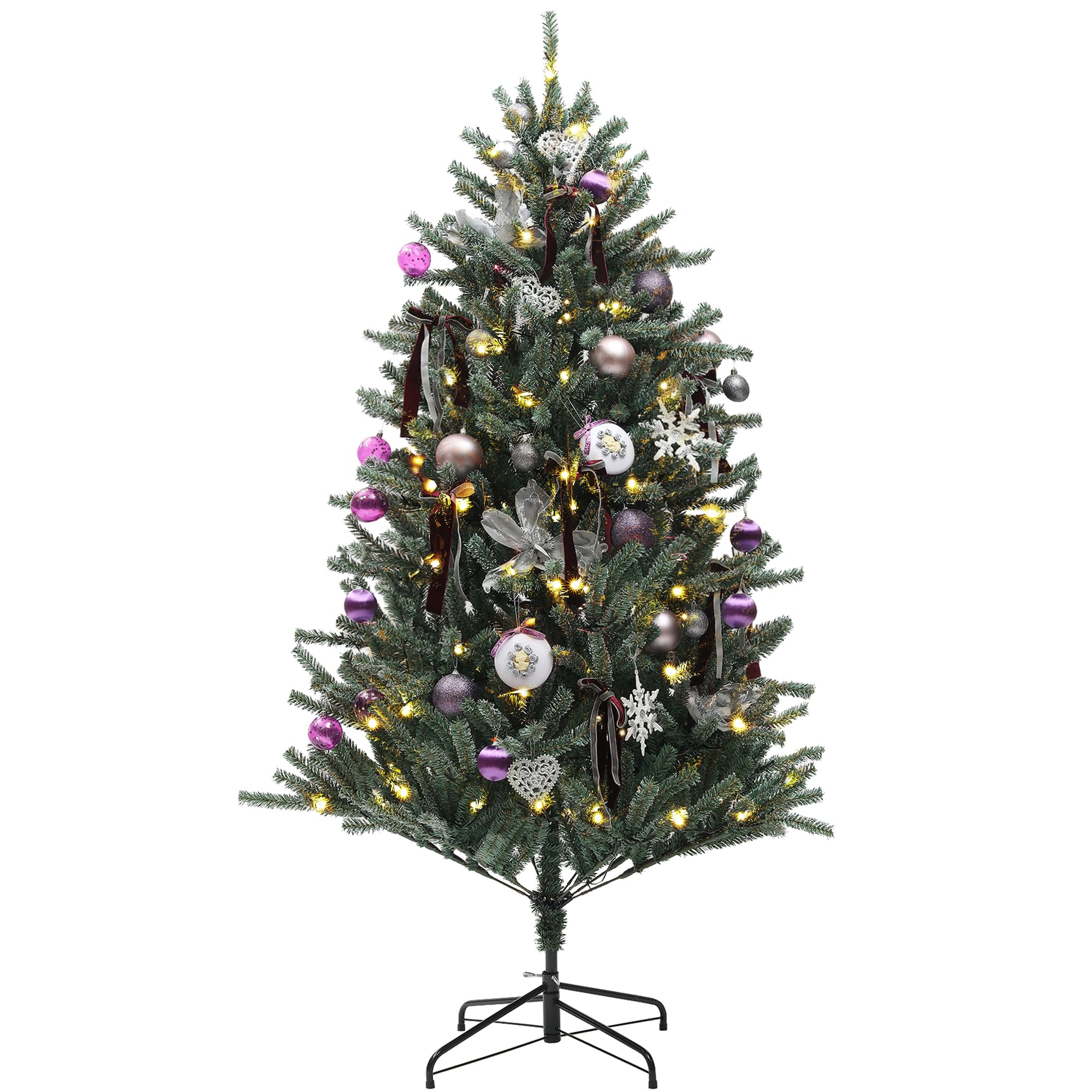 Homcom Unisex Green Artificial Prelit Christmas Tree W/ Led Lights, Purple Ornaments In 6Ft