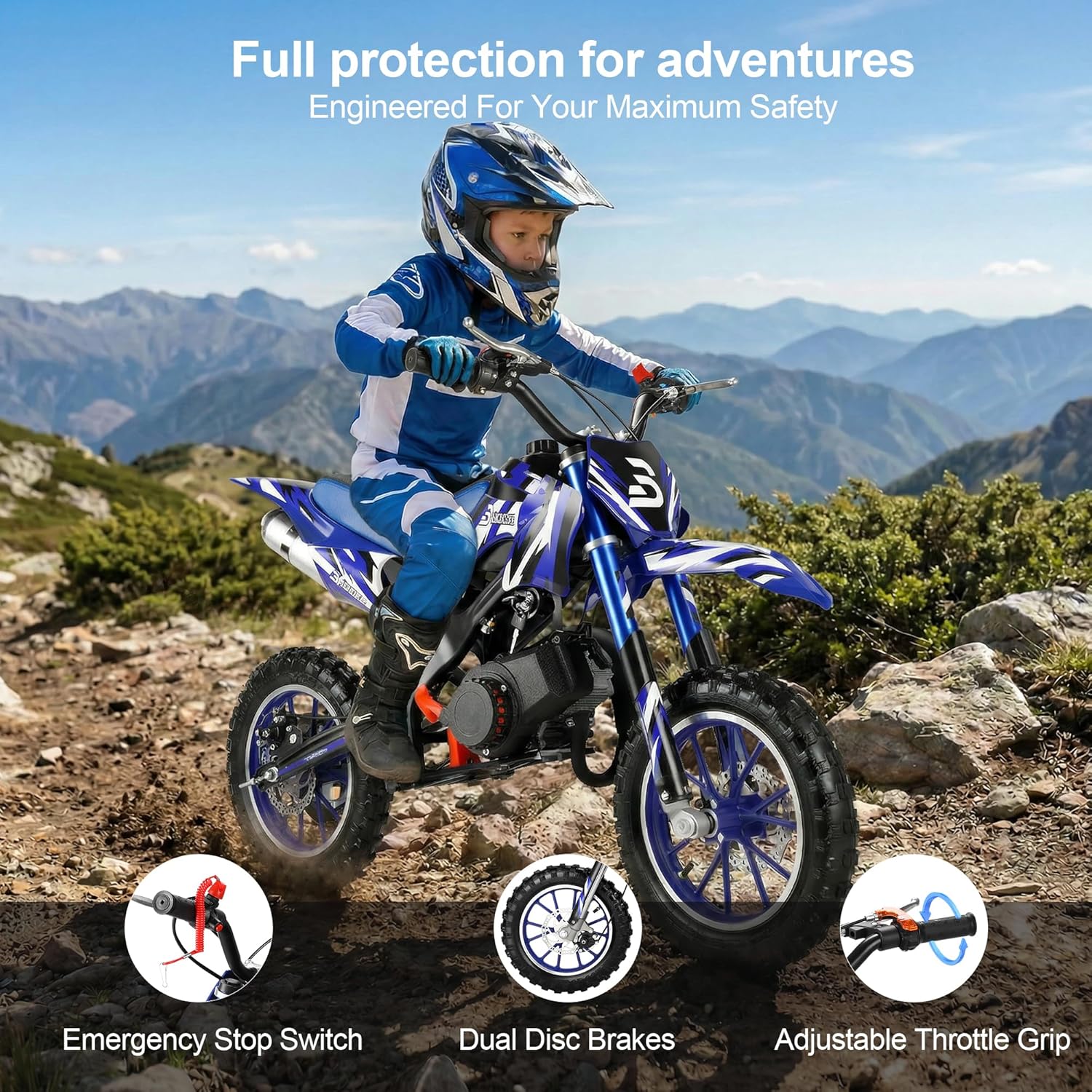 49CC Kids Gas Dirt Bike, 2-Stroke Gas Powered Motorcycle, Dual Disc Brakes, Front & Rear Shock, 10" Off-Road Tires, 28 MPH Top Speed, 132 LBS Max Load, Mini Dirtbike for Kids 8-14, Blue