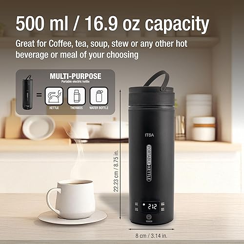 Miniatura 3 de ITSA Hervidor eléctrico de viaje, hervidor eléctrico portátil para té y café, mini hervidor de agua caliente, 4 temperaturas, acero inoxidable, agua