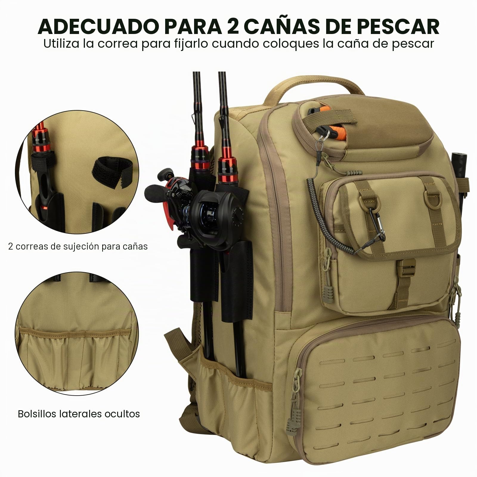 Hp hope Mochila de pesca con soporte para cañas y refrigerador, bolsa de aparejos de pesca de 40 l, equipo de pesca, mochila y equipo de pesca, Color caqui 2., 40 litros, Mochila