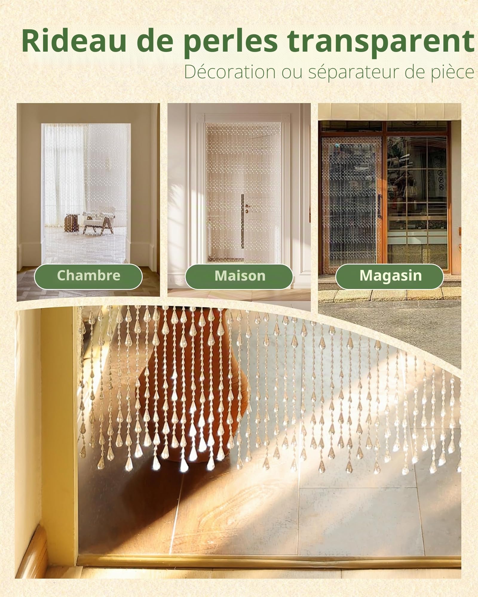 90 x 200 cm Rideau à Perles Transparent, 60 brins avec Perles en Plastique - Idéal comme moustiquaire et décoration pour Porte de Balcon, Chambre(Style Marées)
