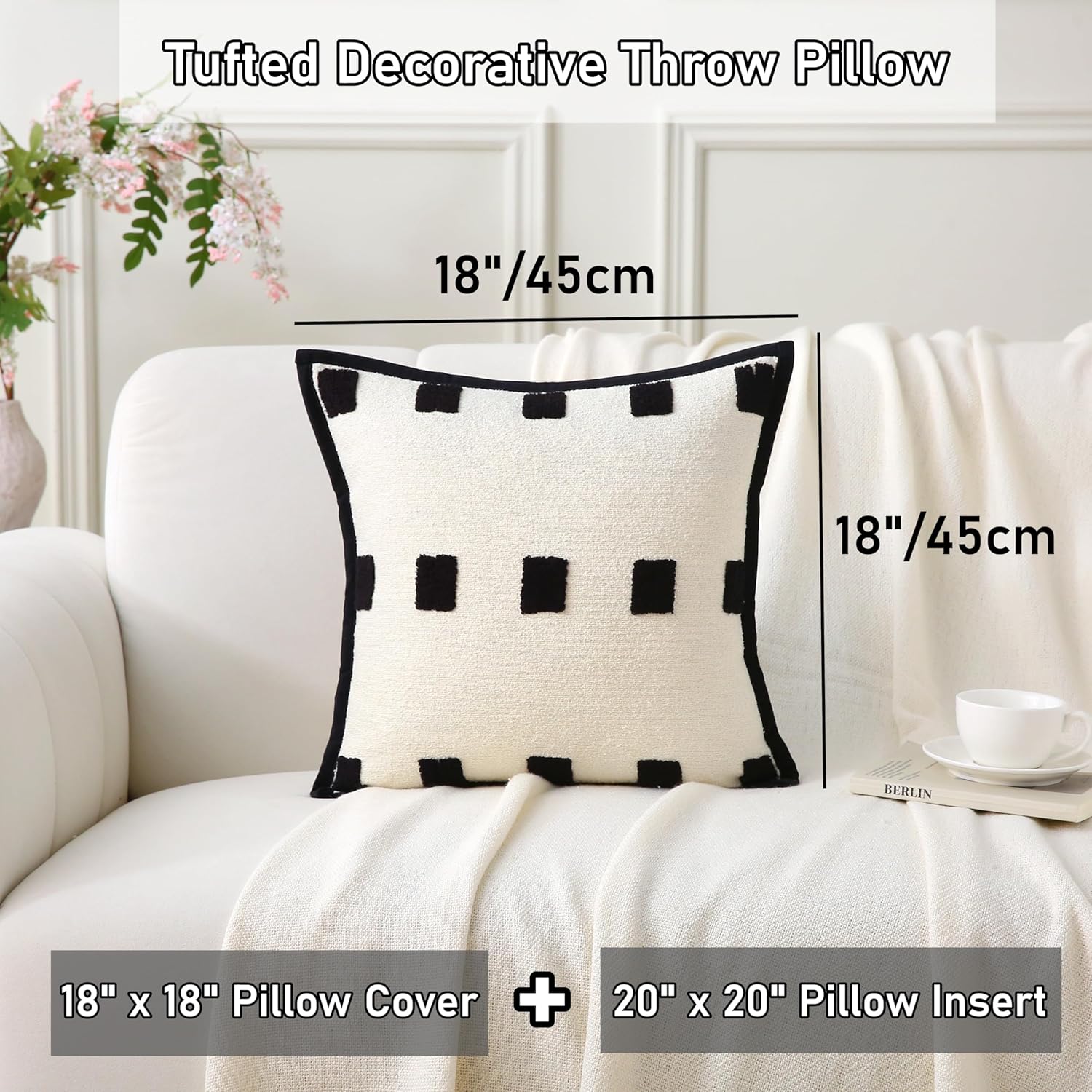 Boho Decorative Throw Pillows with Inserts, 18" x 18" Soft Tufted Modern Chenille Pillow, Pillows for Home, Patio, Couch, Bedroom, Living Room (Black Square - White Background)