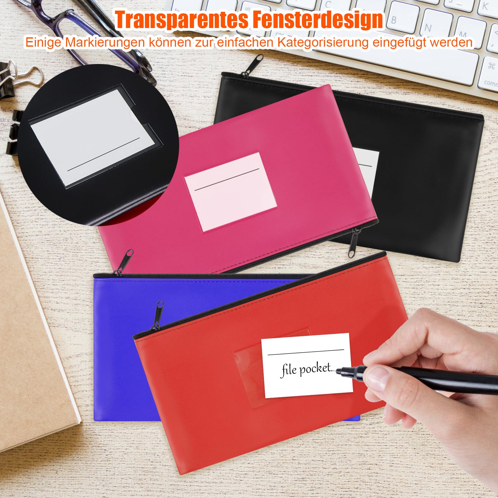 Bolsa para Guardar Dinero de PU Cuero Impermeable con Cremallera 27x15cm, 4 Piezas