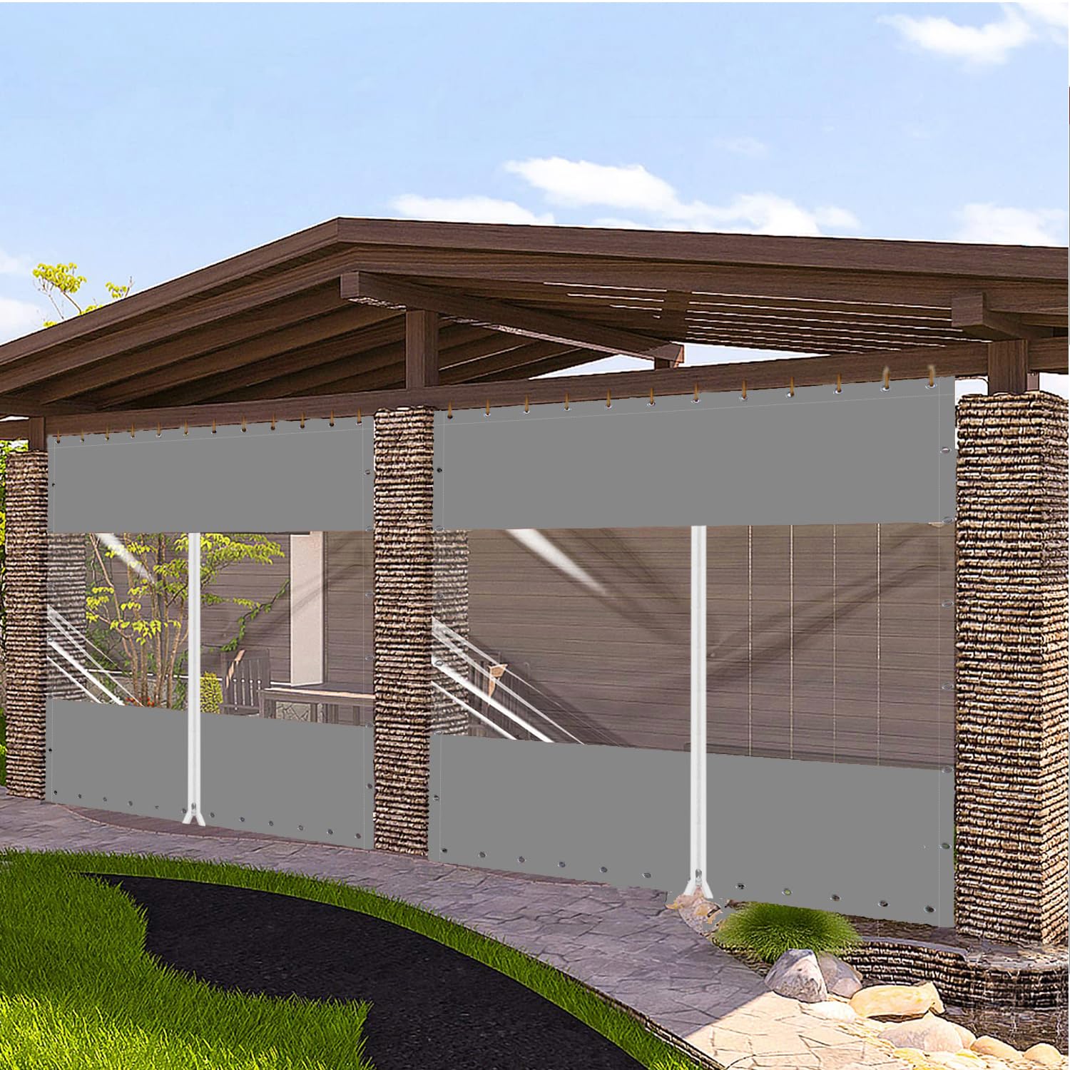 2.5x3m Plane mit Reißverschluss Wasserdicht Transparent mit Ösen - Outdoor 0.45mm Pavillonplane Durchsichtig Winddicht Schutzplane für Pergola Veranda Gazebo (Höhe x Breite, Grau)
