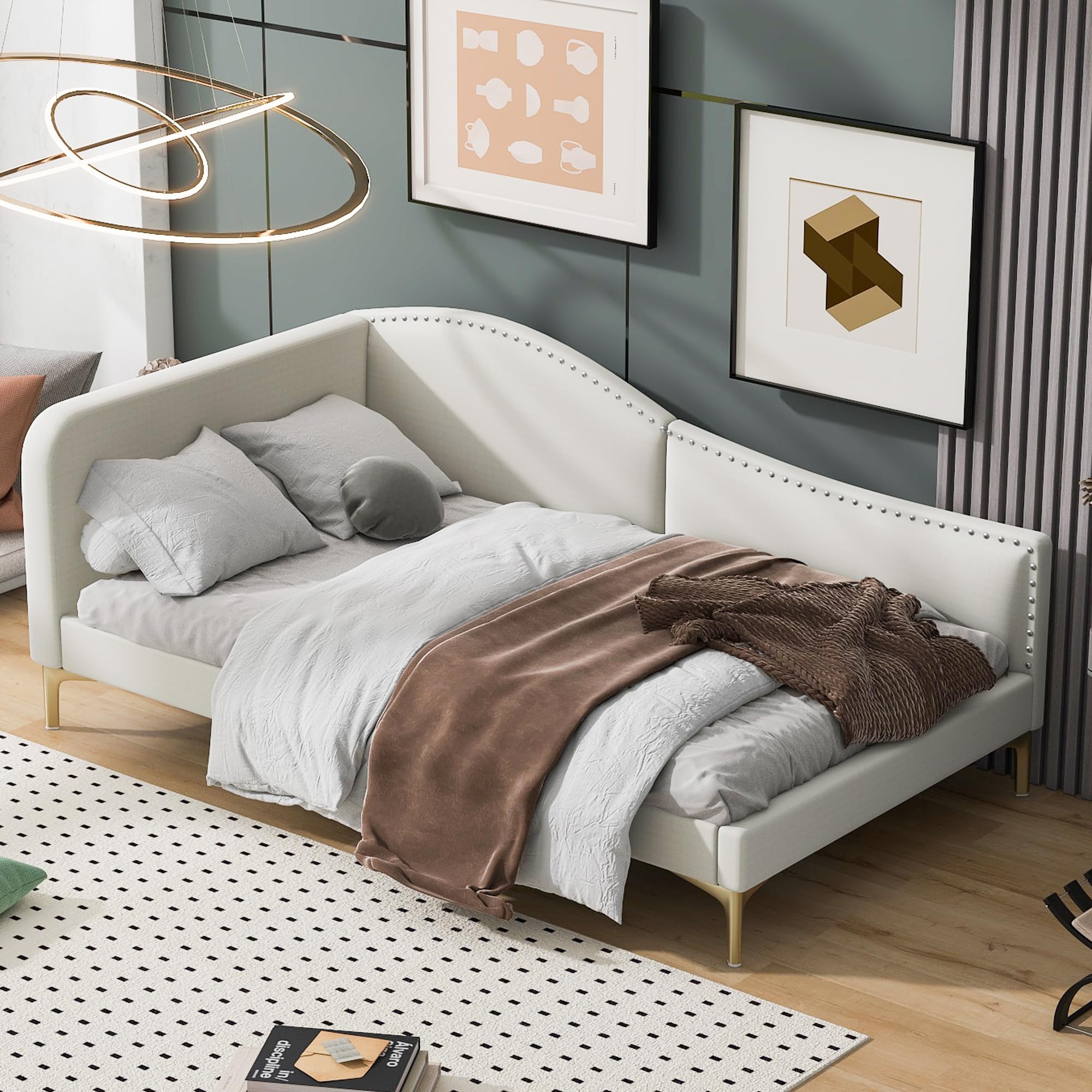 BIADNBZTwin Size Upholstered Daybed with Headboard and Armrest, Support Legs, Modern Linen Day Bed Frame, for Bedroom Living Room Guestroom, Beige
