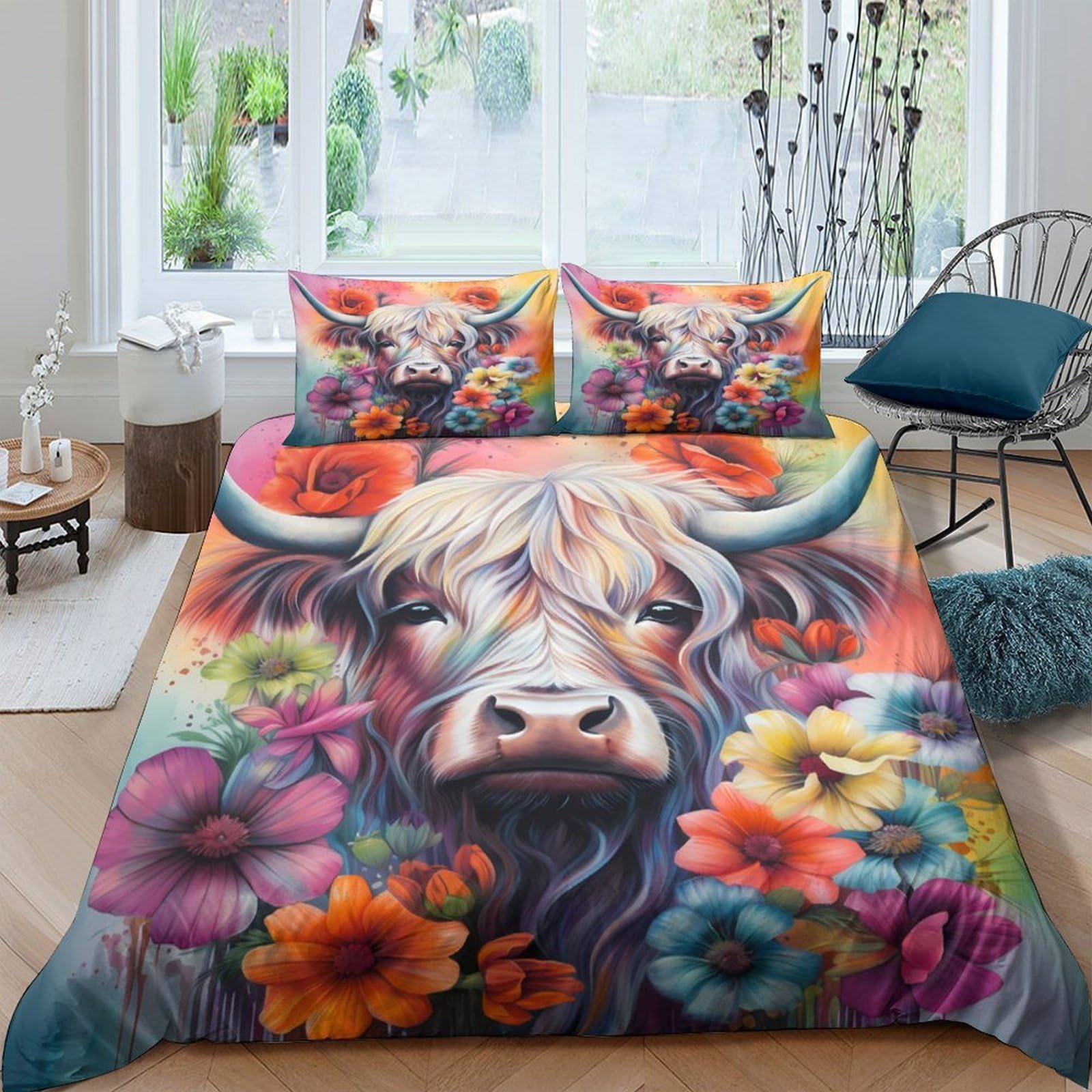 Ctjqhvkz Style-2 3D Printed Highland Cow Floral Fitted Sheet Microfiber Soft Breathable Bed Cover For Bedroom Guest Room Decor Single（135X200cm）