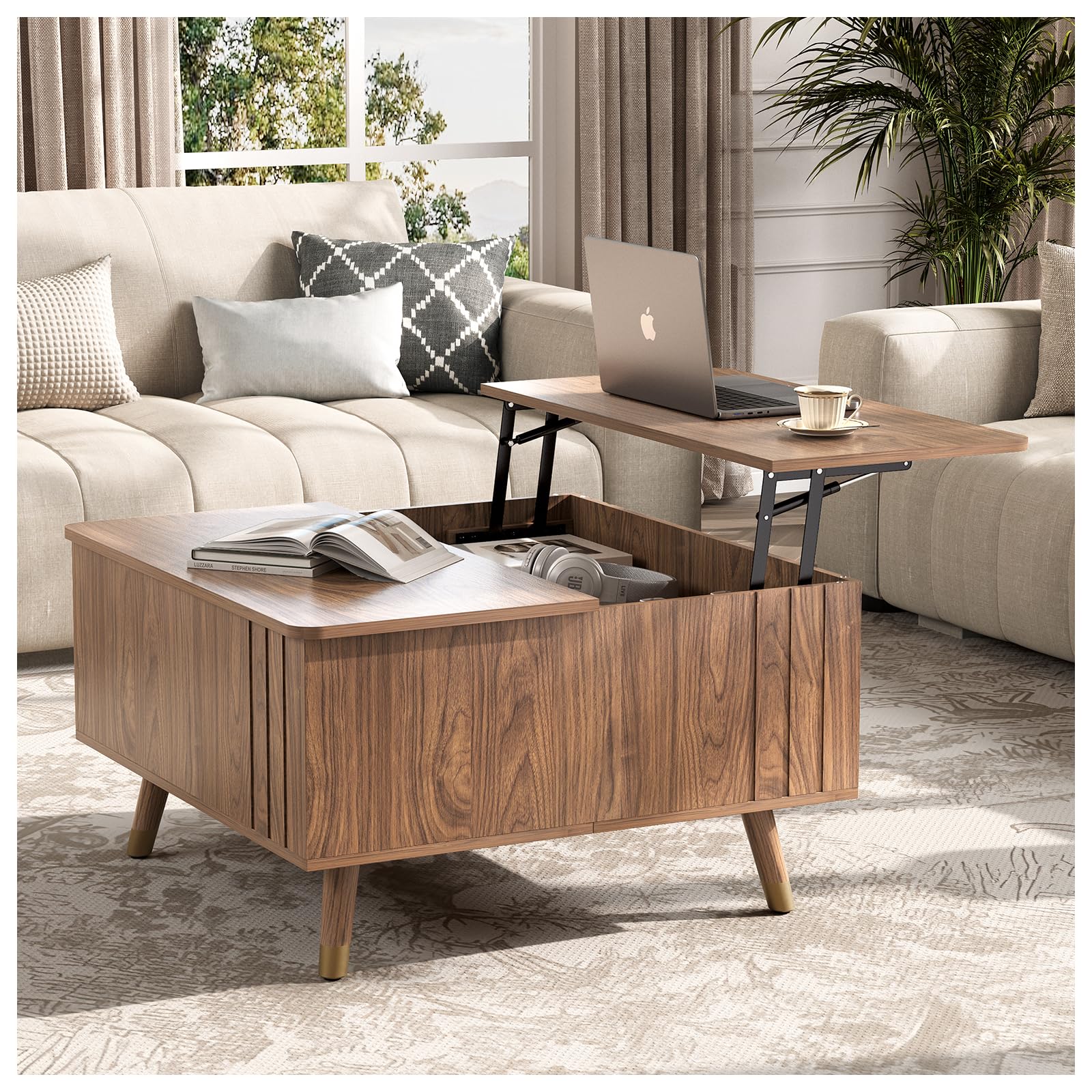 JOINICE,Round Coffee Table with Storage, 31.5" Fluted Center Table for Living Room, Modern Walnut Wood Circle Drum Table with Sliding Cabinet Door, Mid Century Furniture for Small Space — view 26